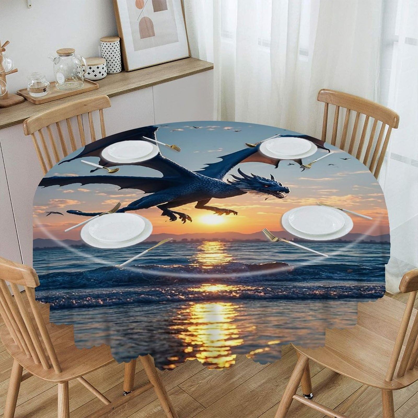 FekiLoot Sea Sunset Flying Dragon Round Tablecloth 60 Inch Waterproof Heavy Duty Table Cloth Spillproof Washable Table Cover Wrinkle Resistant Tablecloths Decorative Table Cloths