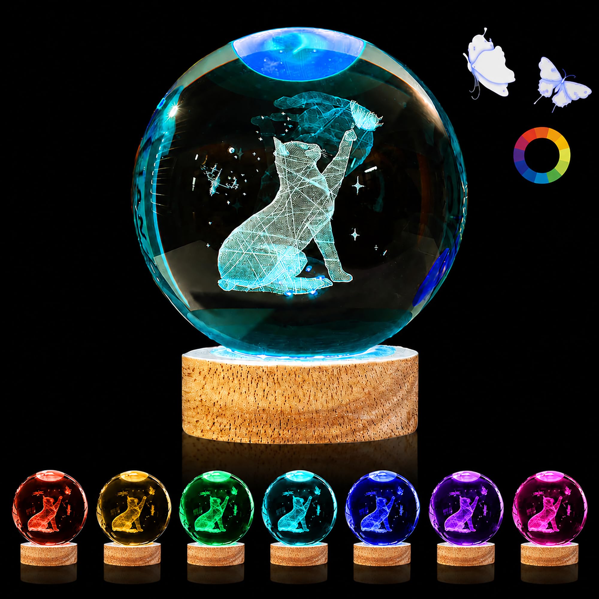 3D Cat Crystal Ball Night Light, 2.36 Inch K9 Crystal Lamp with Wooden Base, 7 Colors LED Mood Light, USB Powered 3D Laser Engraved Cat Lamp for Bedroom, Living Room & Gift Decorat