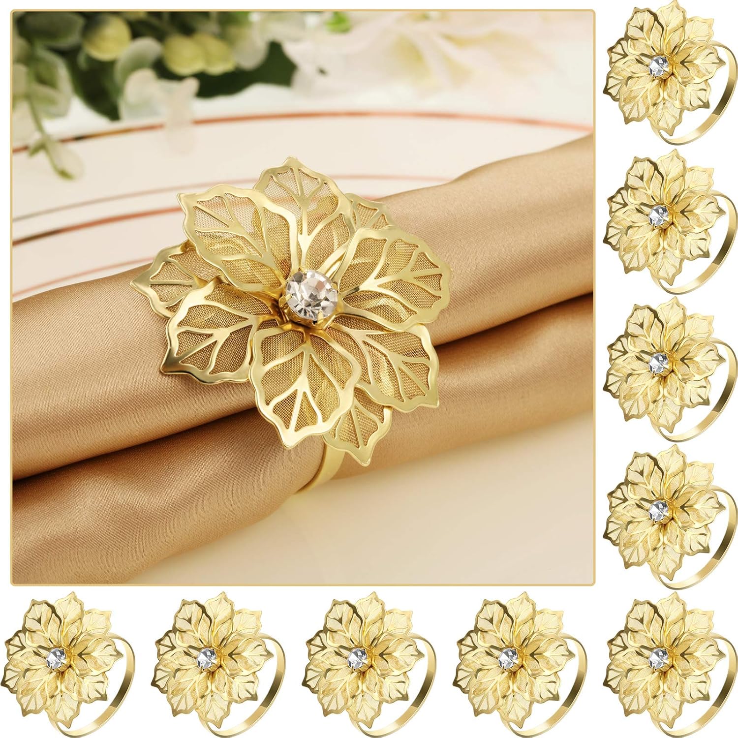 12 Pieces Alloy Napkin Rings with Hollow Out Flower Napkin Holder Floral Rhinestone Napkin Rings Adornment Exquisite Household Napkins Rings Set for Wedding Banquet Christmas Dinner Decor (Gold) : Home & Kitchen