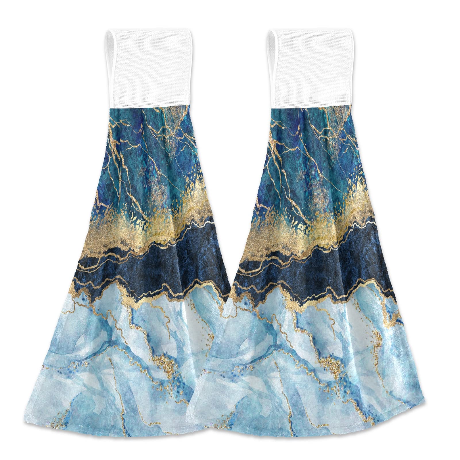 Poeticcity Gold,Golden Turquoise Marble With Gold Veins Stone Texture Golden Foils Glitter 2 Pcs Hanging Kitchen Hand Towel, Dish Dishcloth Towels With Hanging Loop, Absorbent Tea Bar Bath Tie Towel For Tabletop Kitchen