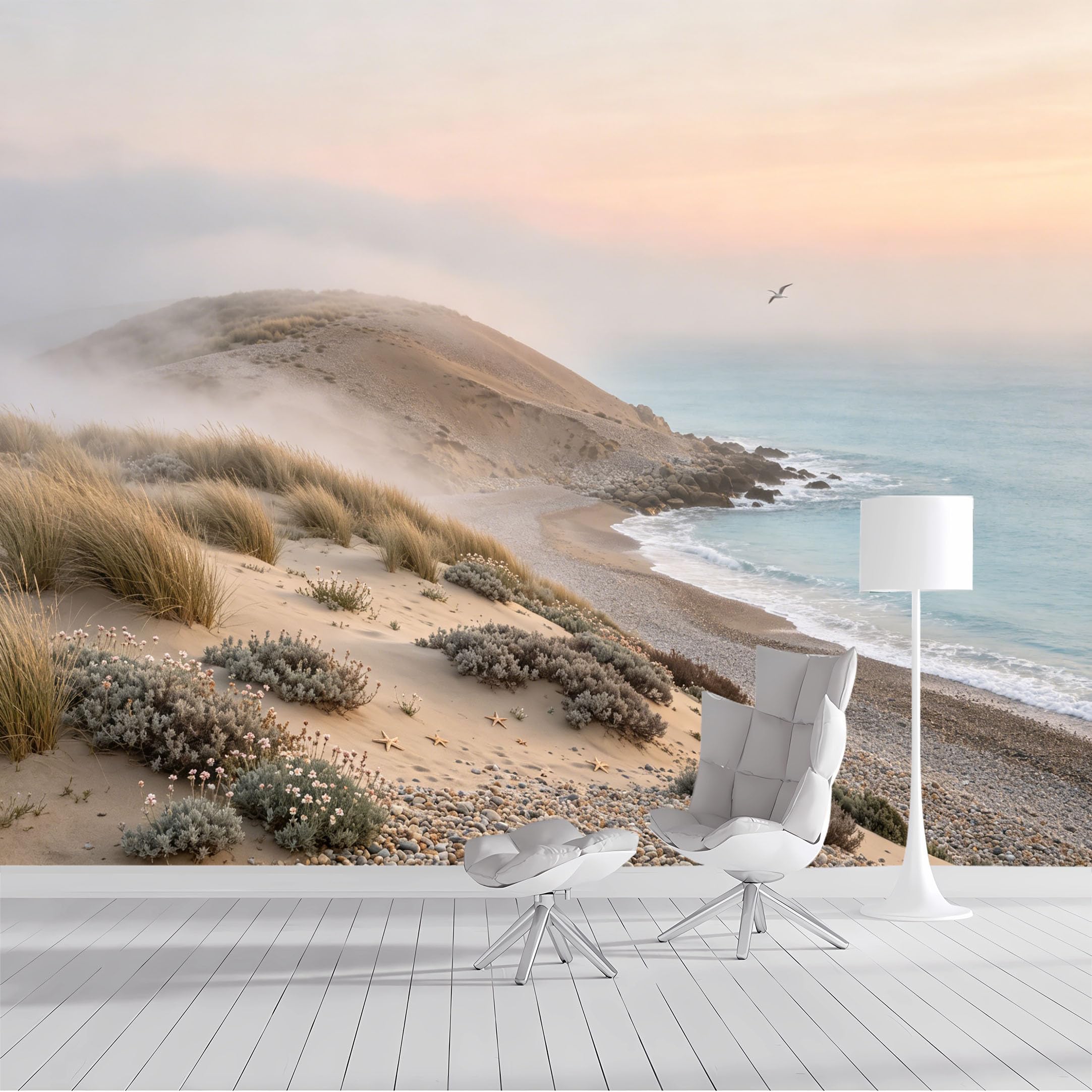 Custom Size Wall Mural Coastal Misty Seascape Seagull Landscape SelfAdhesive Wall Fabric Removable Peel and Stick Wallpaper Wall Decor for Living Room Bedroom Bathroom