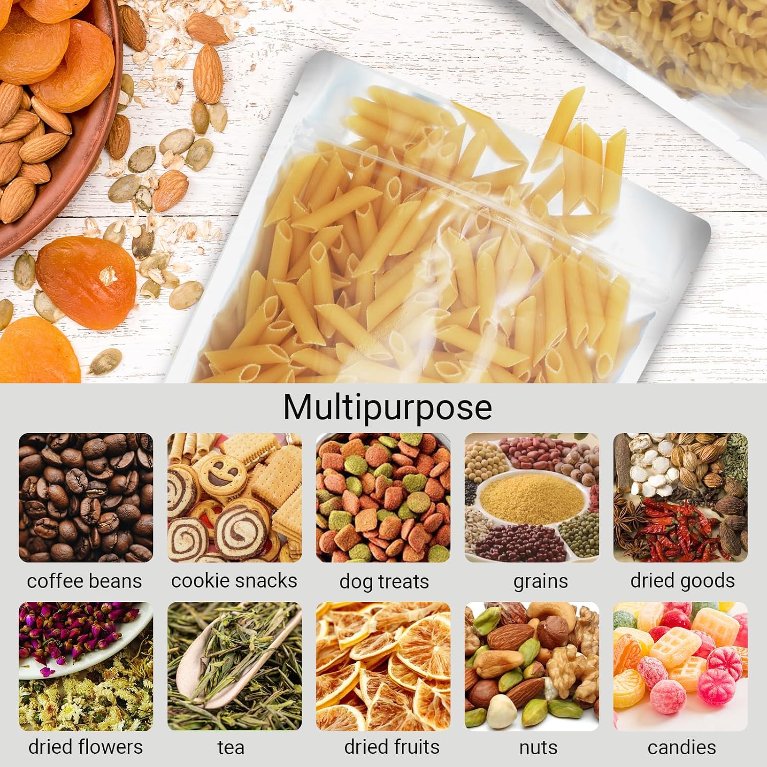 100 Pack 8 x 12 Inch Stand Up Pouch Bags Zipper Mylar Bags Clear Front with Aluminum Foil Back Reusable Food Storage Bags for Multipurpose with Gusset Bottom(5.5mil Thickness)