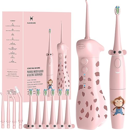 Miniatura 8 de HUACOCARE - Combo de irrigador dental y cepillo de dientes eléctrico para niños | Diseño de jirafa y mono | 3 modos suaves y 2 modos sónicos | Todo