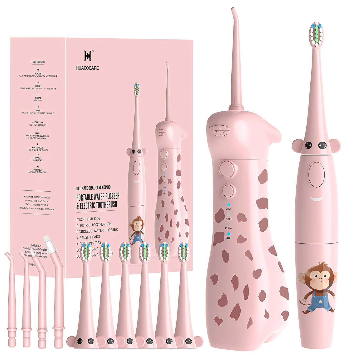 HUACOCARE Kids Water Flosser Electric Toothbrush Combo Giraffe Monkey Design 3 Gentle Modes 2 Sonic Modes All-in-One for