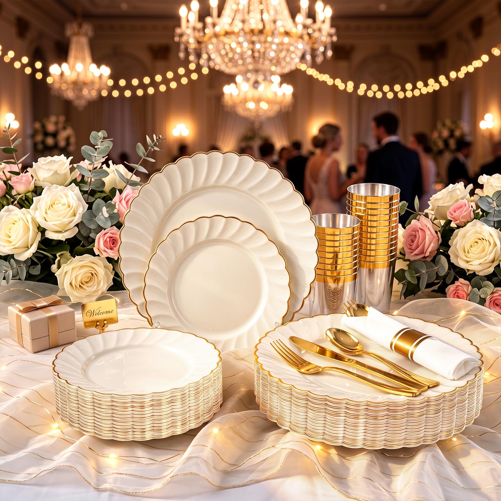 YOUBET Ivory Scalloped Plates - 350 Pack for Weddings -4 YOUBET Ivory Scalloped Plates - 350 Pack for Weddings -4