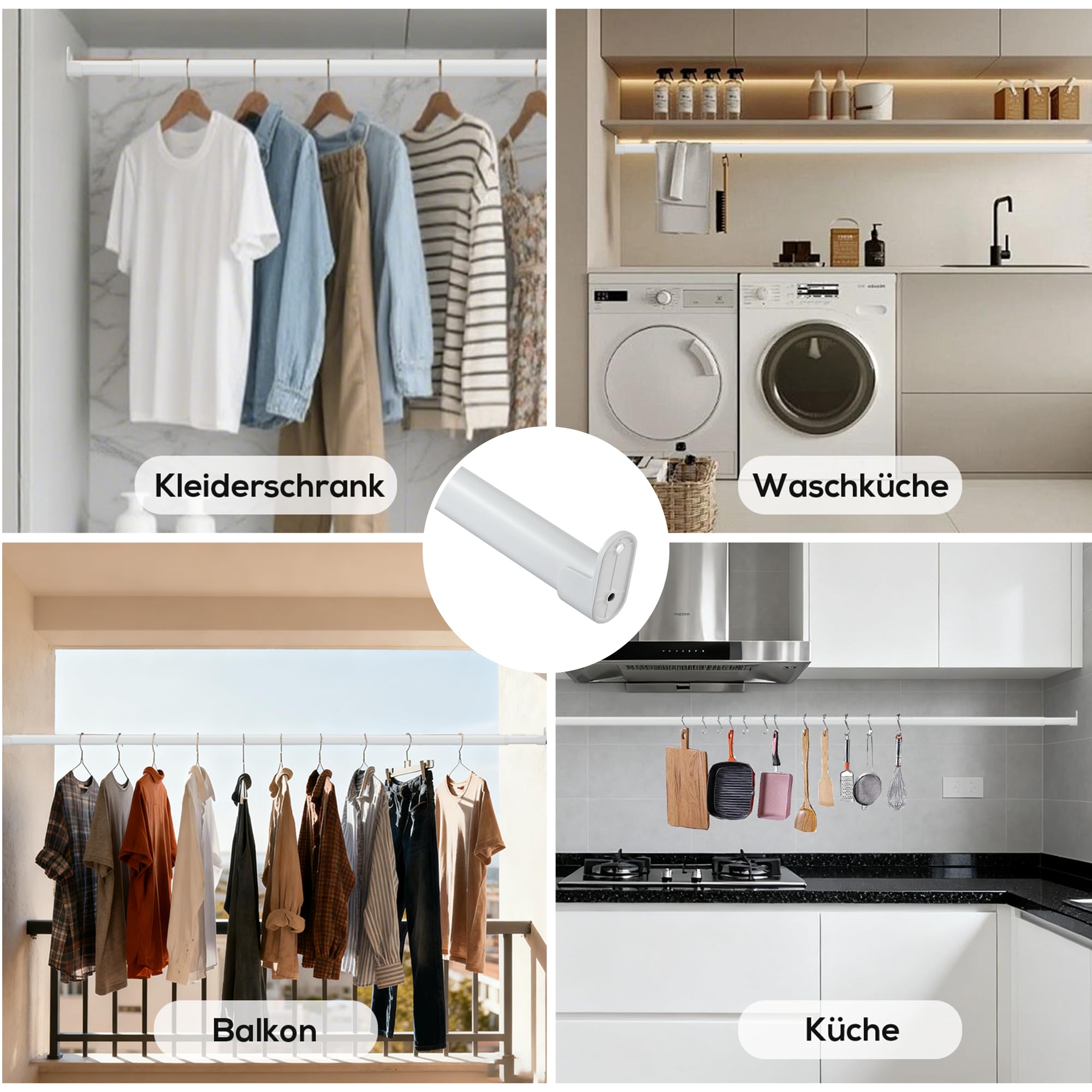 Asta appendiabiti per armadio, bianco, ovale, 25 mm, allungabile con 2 supporti, per armadio, finestra, 43-101 cm