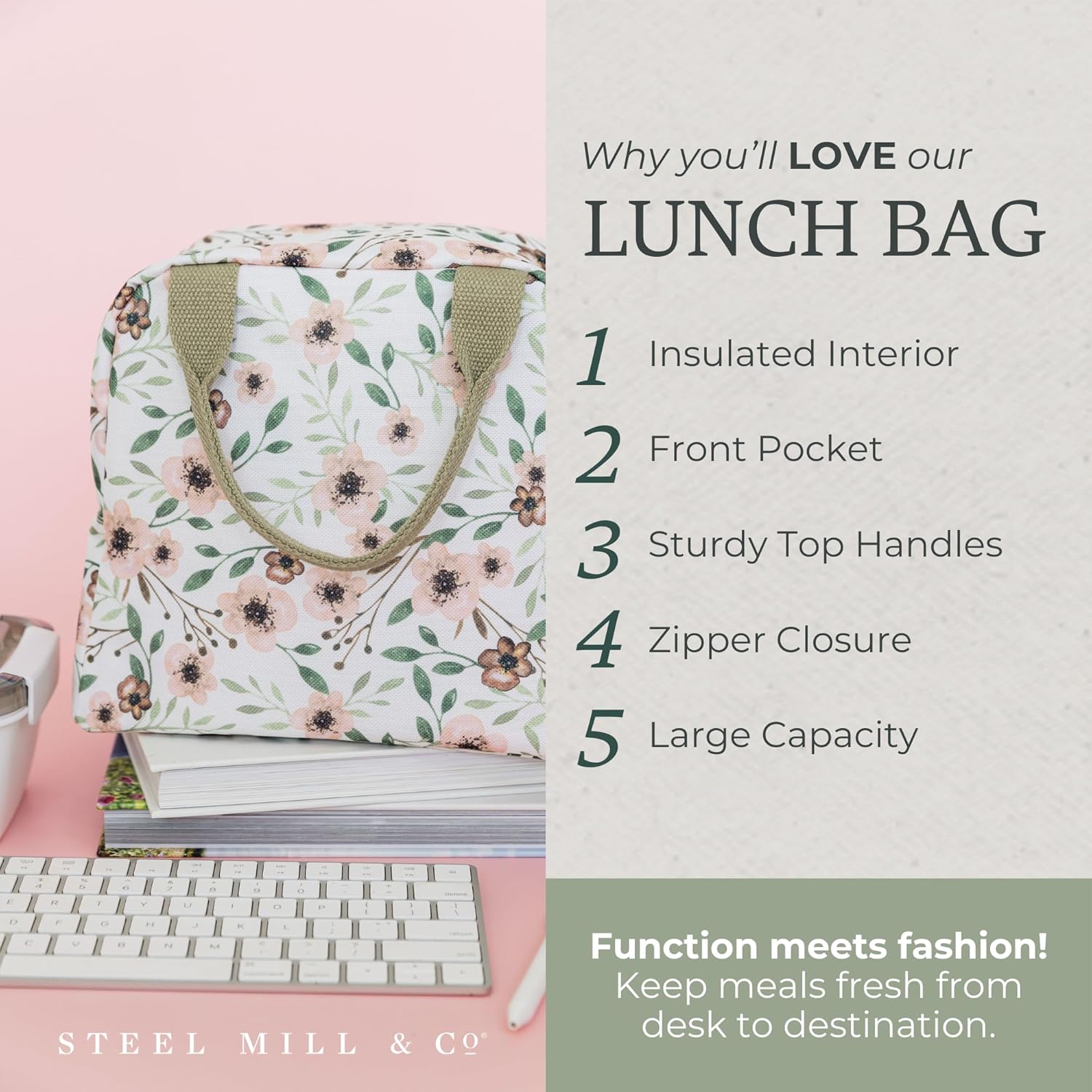 Steel Mill & Co Insulated Lunch Tote Bag for Women, Large Capacity Cooler Lunch Box, Cute Lunch Bag for Adults, Mini Cooler with Zipper Closure, Pockets, and Sturdy Handles (Woodland Floral) - Image 3