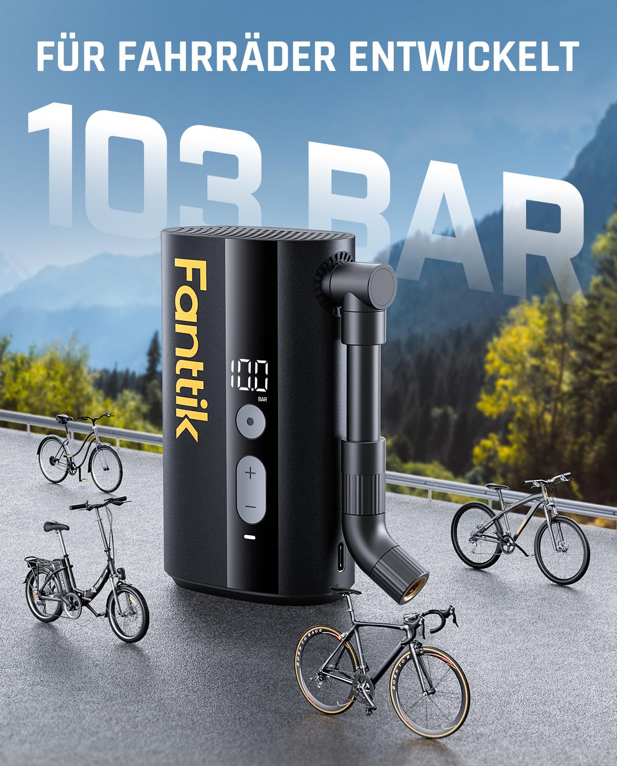 Fanttik X9 Ace Mini Fahrradpumpe, Akku Kompressor, 32s Schnellaufblasbare Elektrische Fahrradpumpe, 10,3BAR Luftpumpe mit Presta und Schrader-Ventil, für Rennrad, Mountainbike, E-Bike, Stadtrad