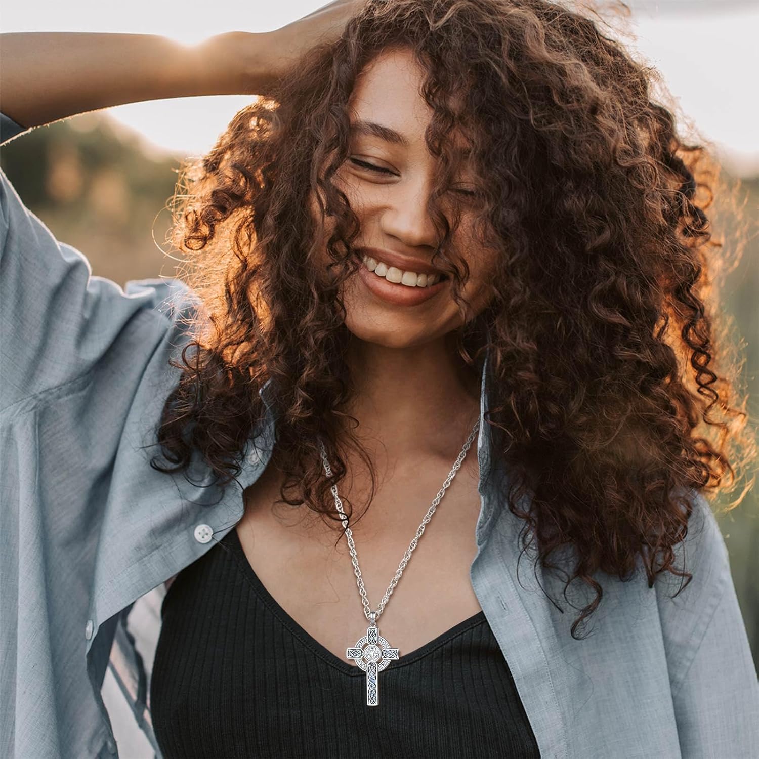 Vito Cross Necklace for Women Men, Copper Rhodium Plated Celtic Cross Star of David Pendant Deer Antler Fishing Original Jewelry Gift, 22"+2" - Image 5