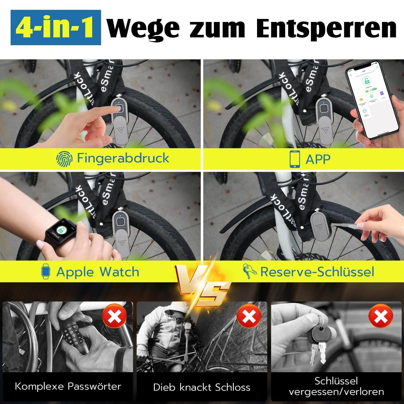 Anweller Candado para bicicleta con huella dactilar con llave, 100 cm, 8 mm de grosor, alta seguridad, resistente al agua para bicicleta/e-scooter/bicicleta eléctrica/MTB/motocicleta/bicicleta de