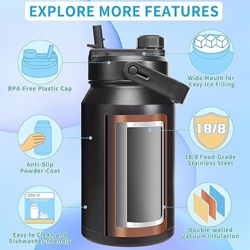 Miniatura 5 de AEXPF Botella de agua aislada de 64 onzas con tapa de tres usos, botella de agua negra de doble pared de acero inoxidable de boca ancha con popote,