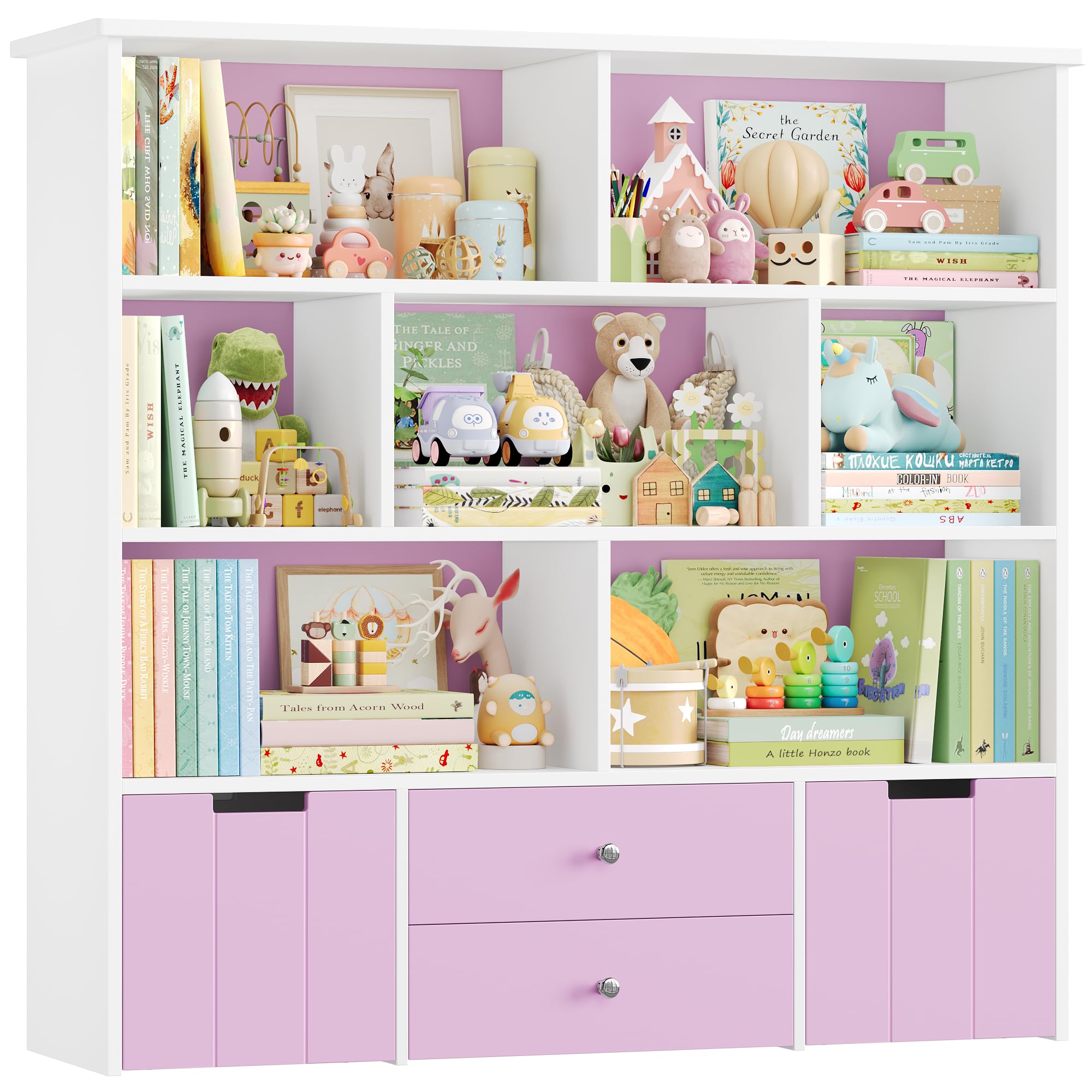 FOREHILL Libreria Montessoriana per Bambini, Scaffale Portagiochi Bambini a 7 Scomparti Aperti, 2 Cassetti con Ruote Girevoli a 360°, 2 Cassetti Estraibili, 125x33x120cm (Lilla)