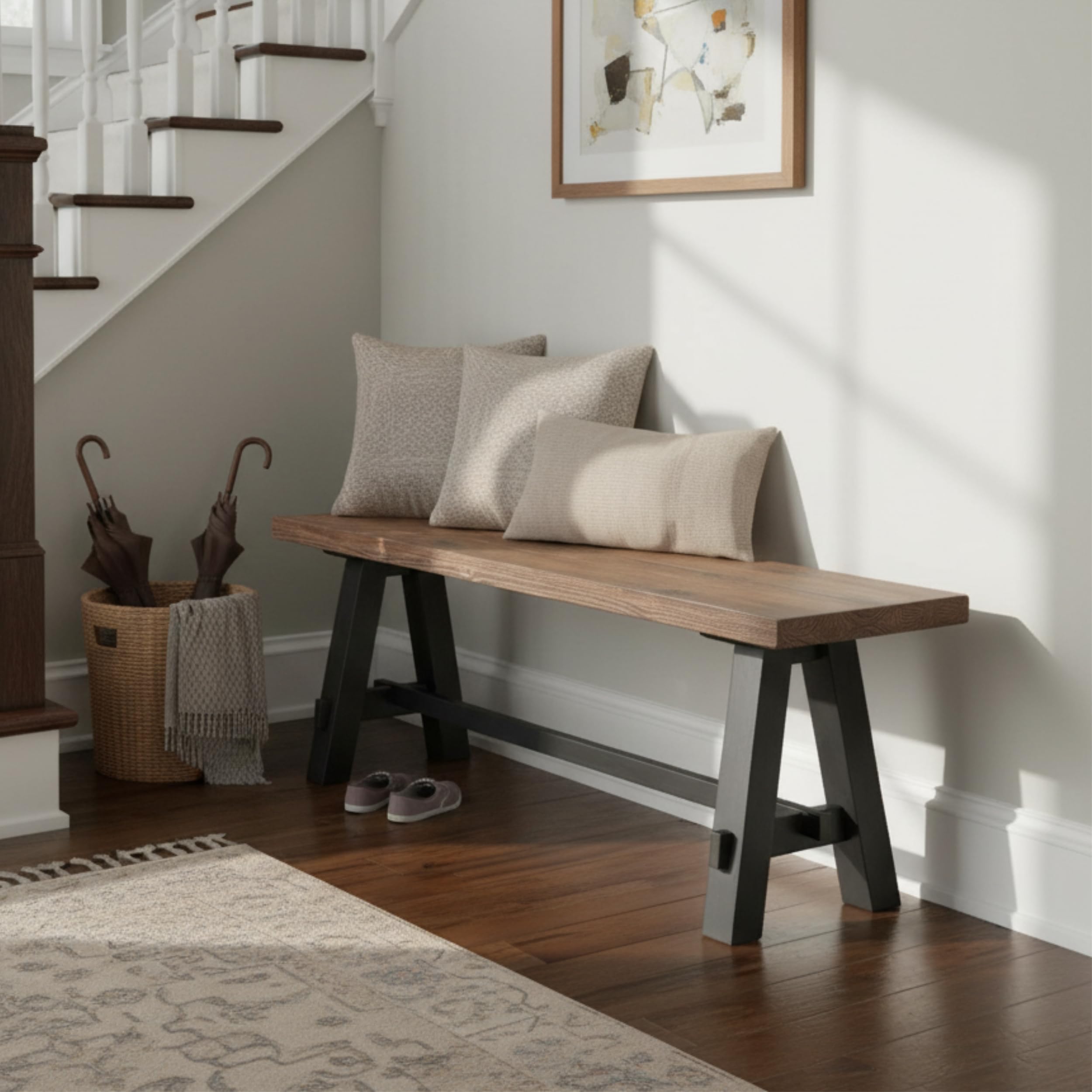 Adam 48-Inch Rustic Industrial Solid Wood Entryway Bench with Distressed Black Sawhorse Legs – Sturdy Accent Seating for Living Room, Mudroom, Dining Room, and Laundry Room by Alaterre Furniture