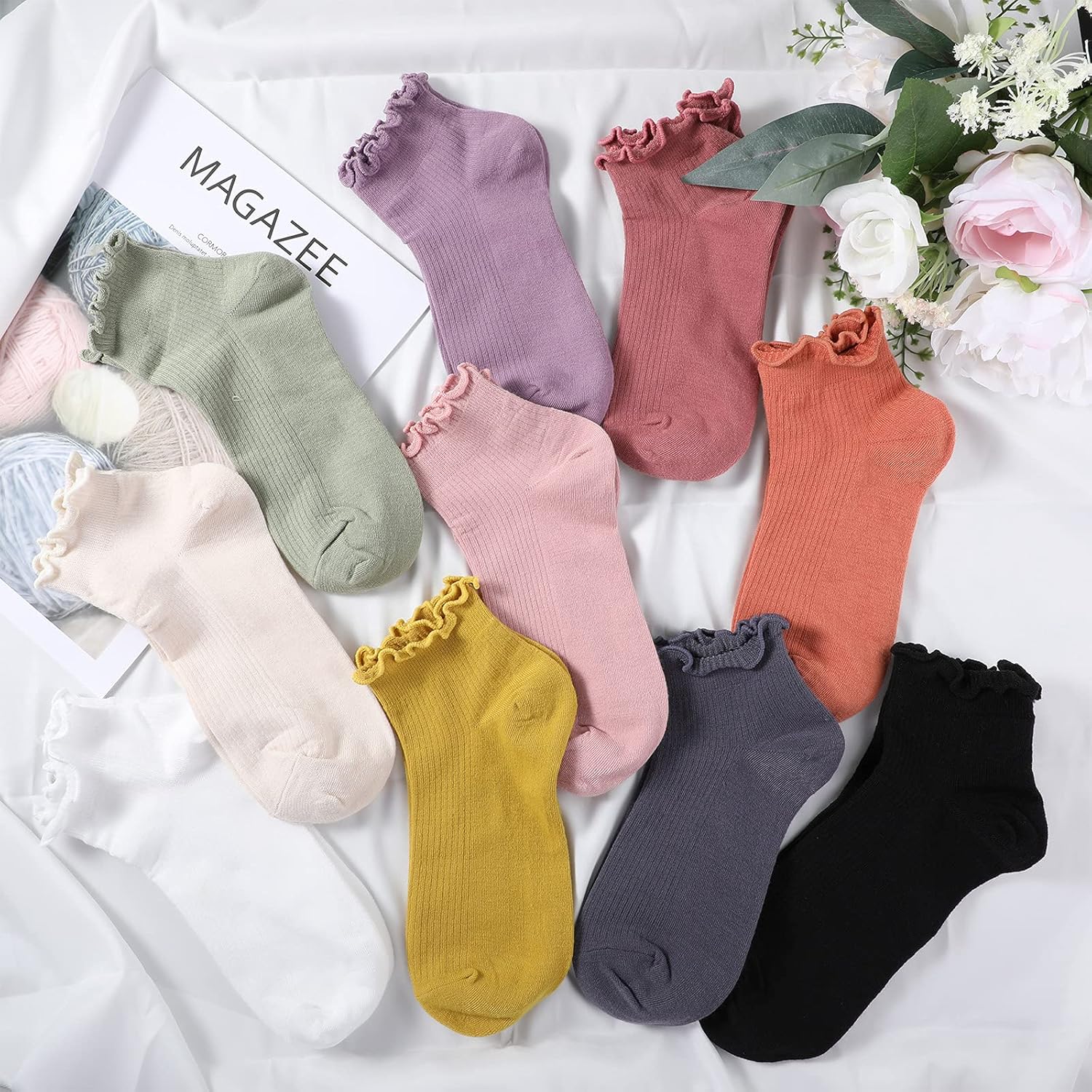 Yahenda 10 Pair Women Ruffle Socks Aesthetic Frilly Ankle Socks Cuff Stocking Knit Lace Ruffle Cute Accessories - Image 7