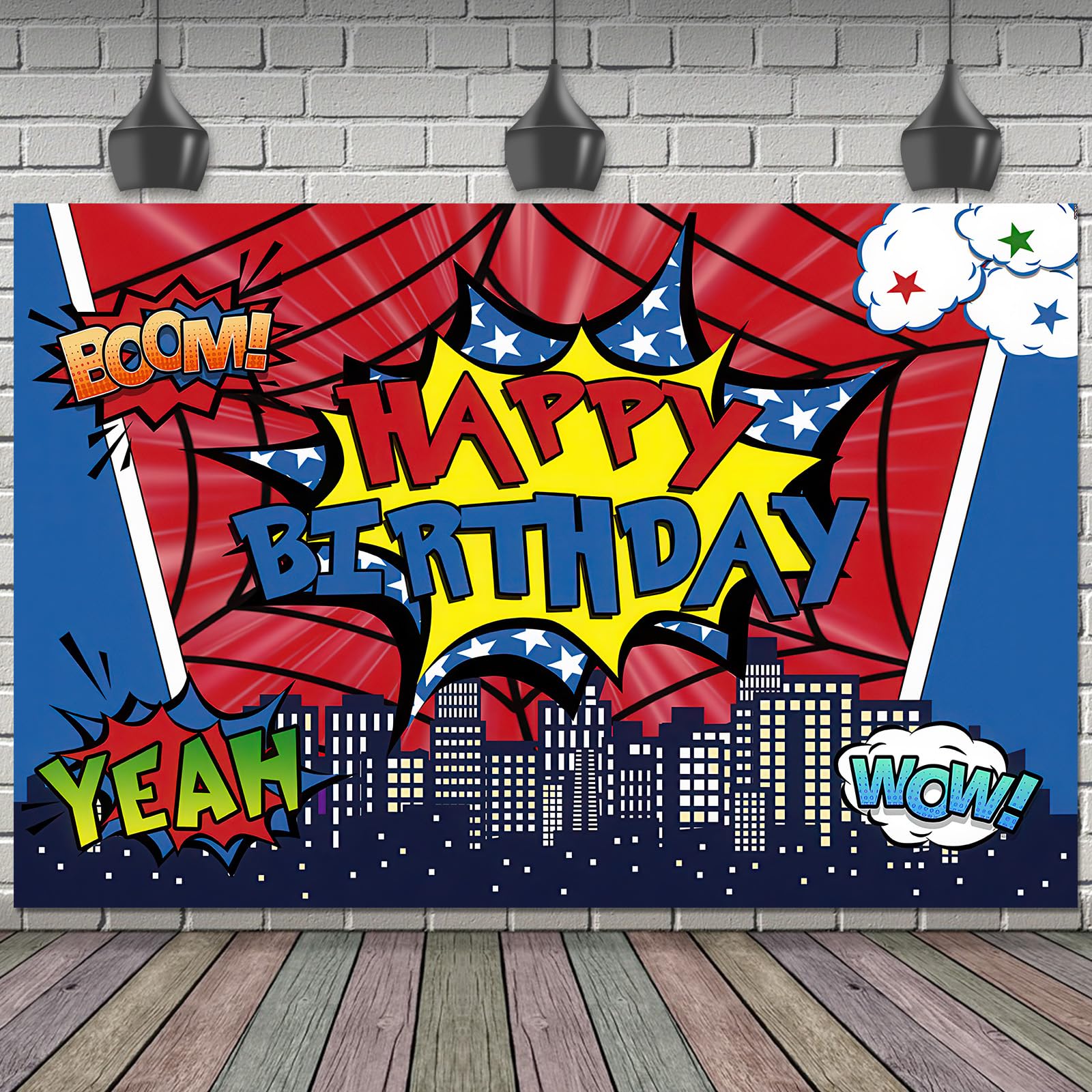 Spider Web Birthday Banner Backdrop, 6x4ft Pre-Punched Super City Spider Web Happy Birthday Backdrop Decorations Reusable and Washable Ideal