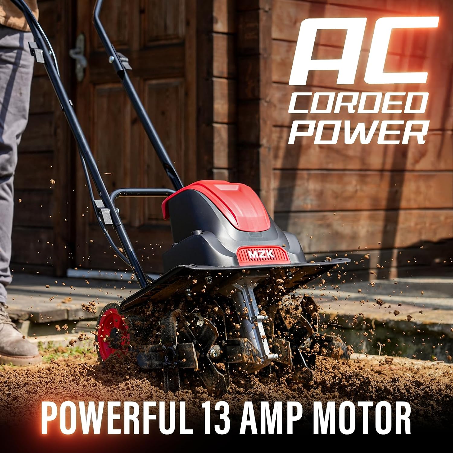 MZK Electric Tiller with 'AC Corded Power' and 'Powerful 13 Amp Motor' text overlay.