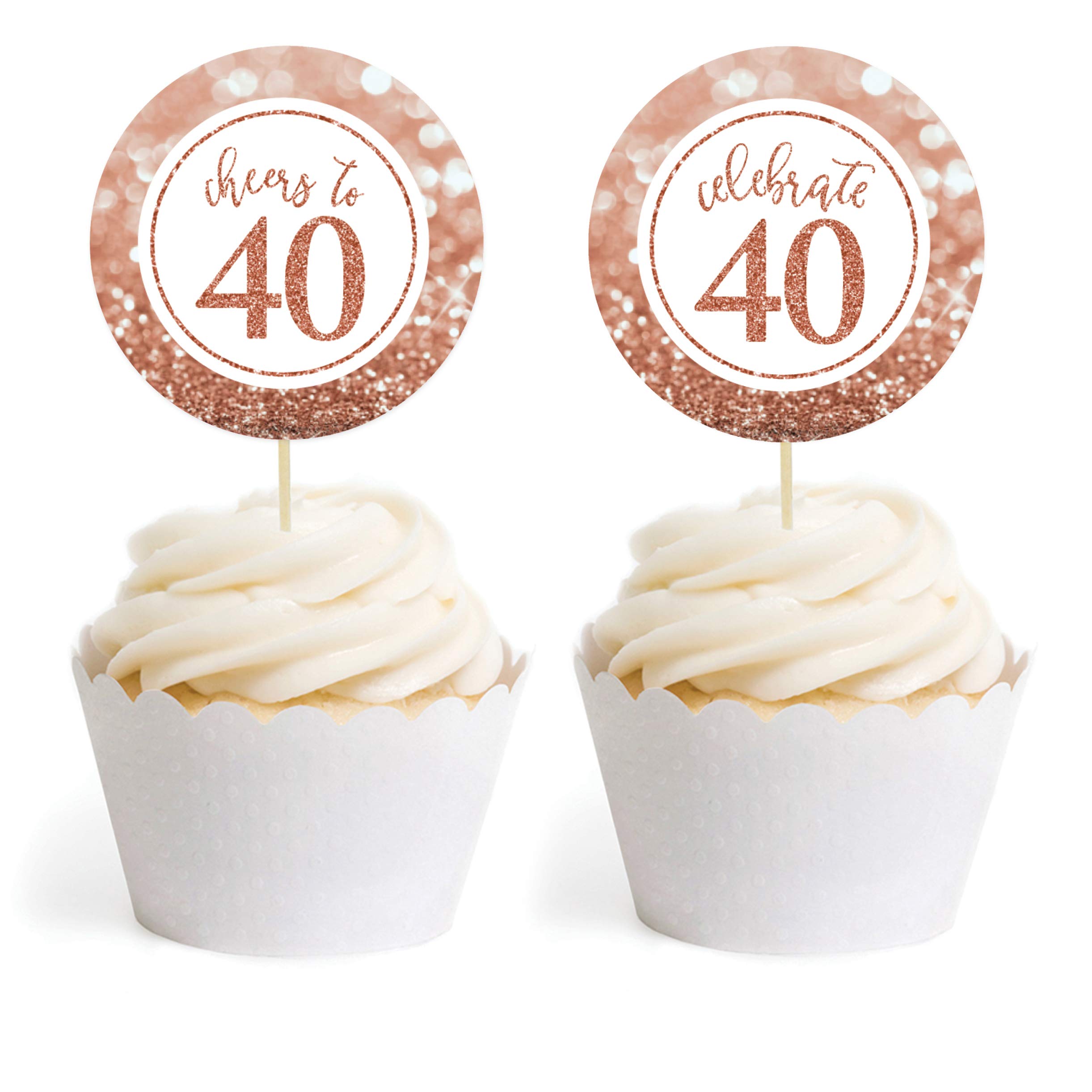 Andaz Press Glitzy Faux Rose Gold Glitter Round DIY Cupcake Toppers, Cheers to 40 Years, 40th Birthday or Anniversary, 20-Pack, Cake Dessert Party Decor