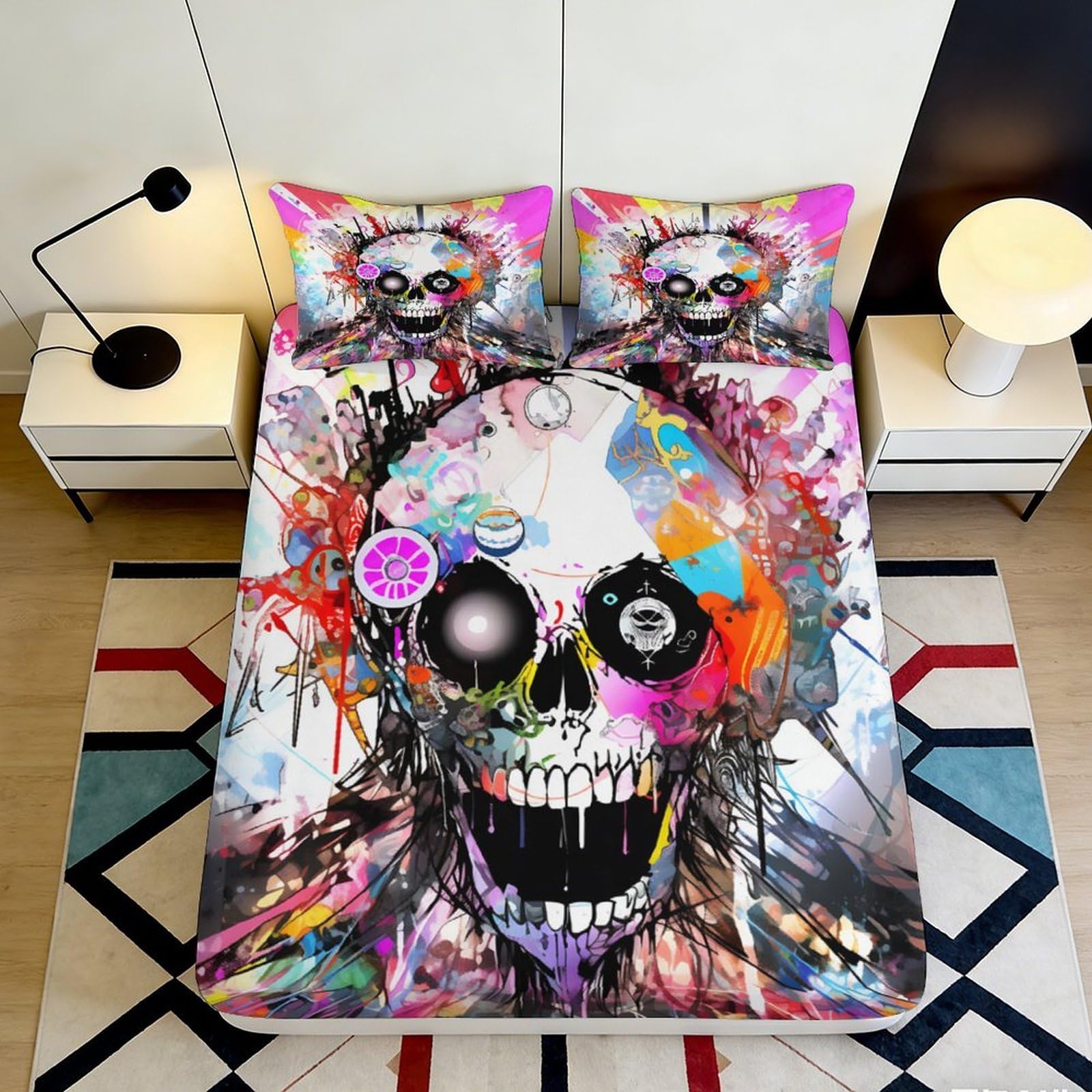 3D Printed Graffiti Skull Fitted Sheet Microfiber Deep Pocket Full Wrap for Adult Bedroom Bedding Skull Mattress Fitted Cover Non-Slip Washable 90x200x25cm