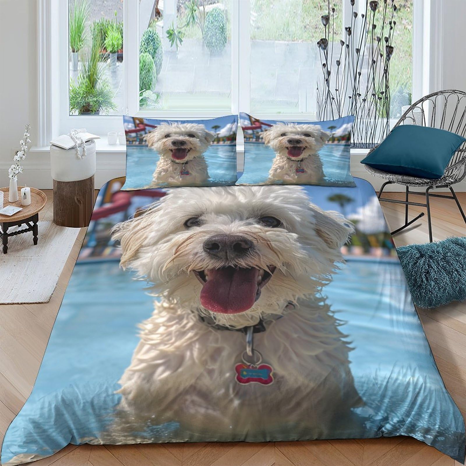 Housse de couette ultra douce 220x240 anti-acarien motif chien maltais et taies zippées