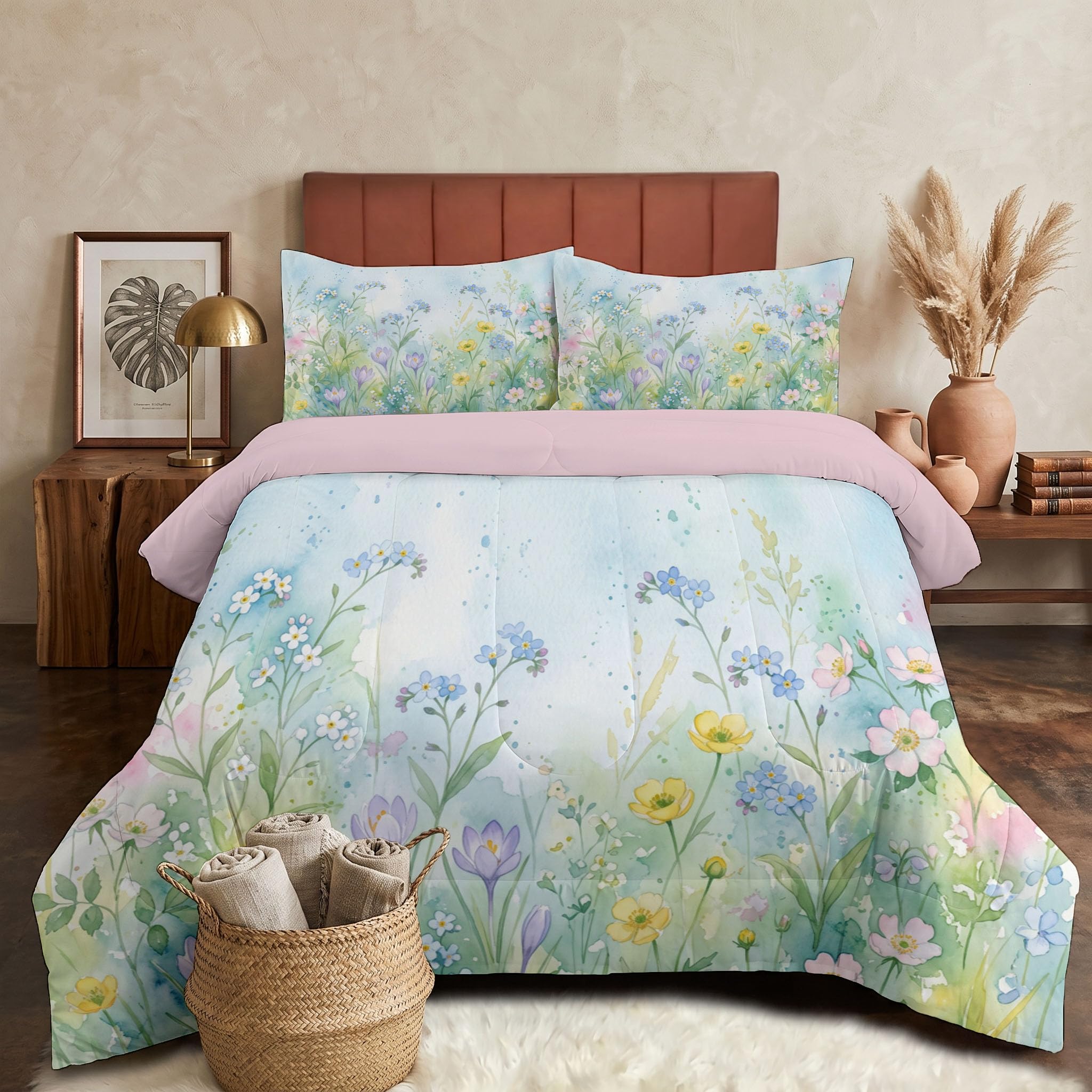 Trapunta Paesaggio Primaverile Fiori Selvatici, Piumino Matrimoniale 4 Stagioni | 200X200 Cm Con Federa 50X80, Piumone Leggero In Microfibra, Trapunta Reversibile Casa Piante Acquerello, Azzurro