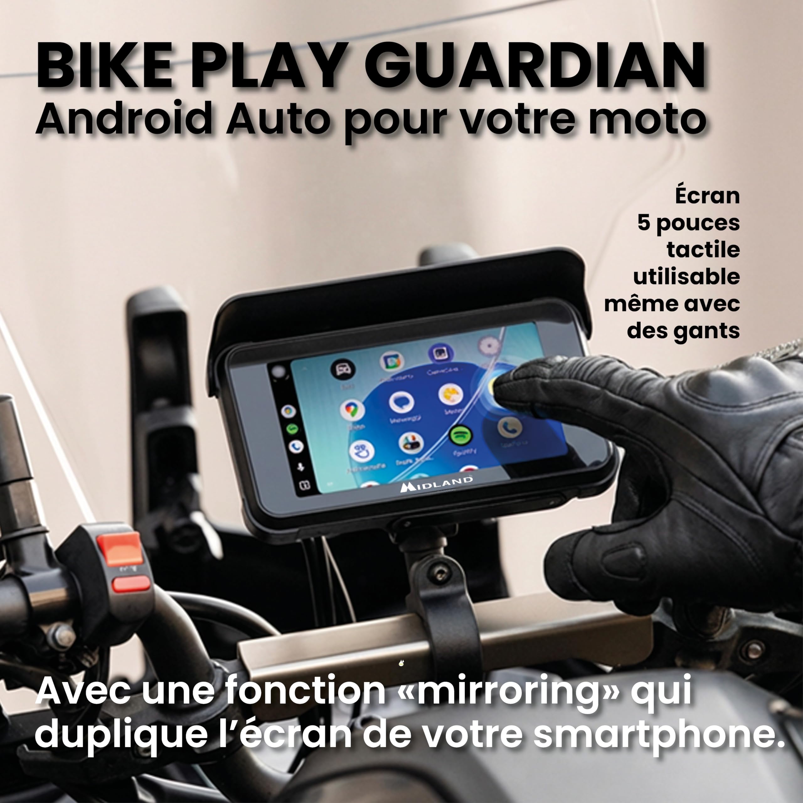 Midland, BikePlay Guardian Display avec Dashcam Moto 5"Touch Screen, Commandes Vocales Surveillance Pression Pneus, Caméra Double Embarquée Étanche Capteur Impact Camera Moto & Android Auto Accessoire