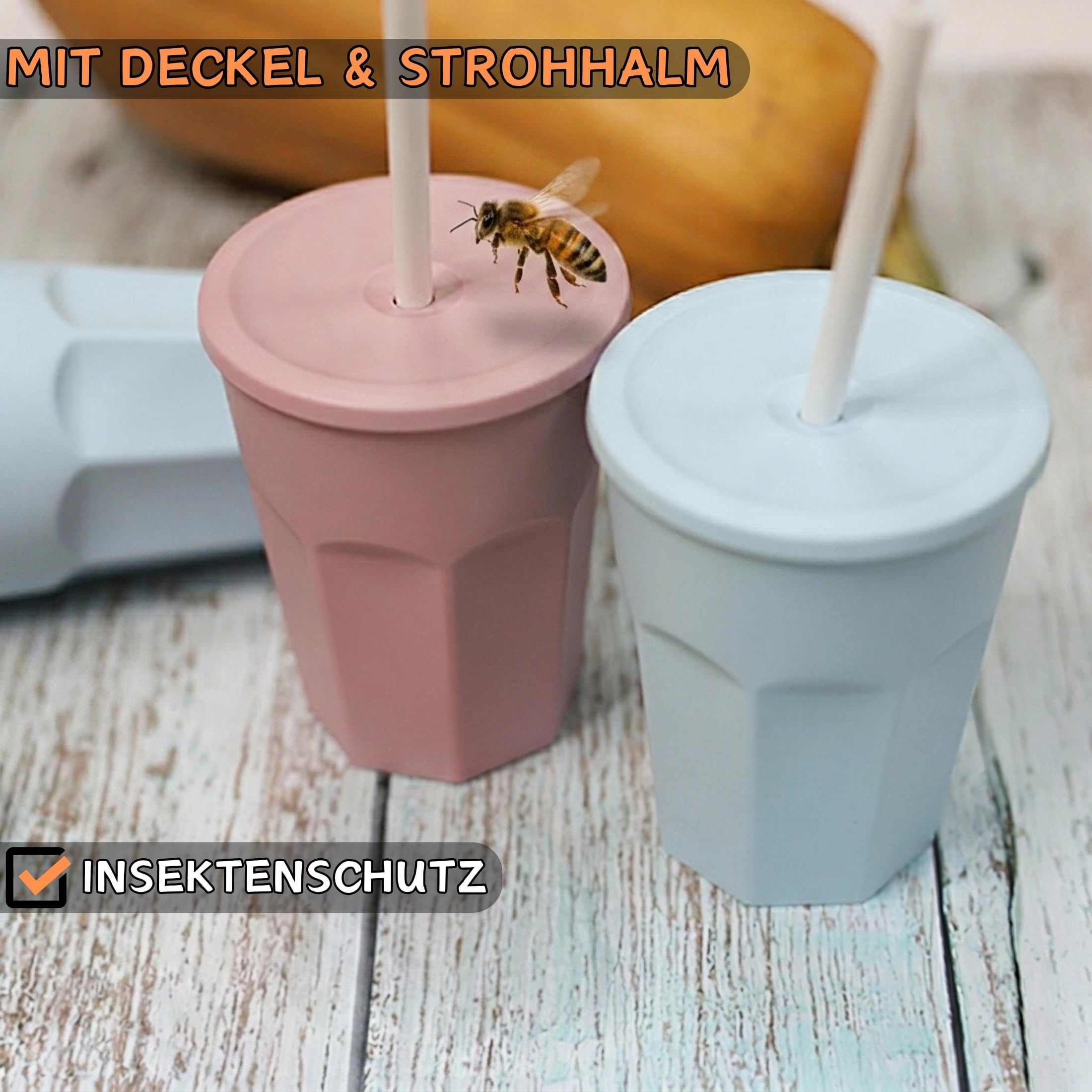 5 bicchieri di plastica con coperchio, rosa, con cannuccia, per feste, in plastica, riutilizzabili, 0,25 litri
