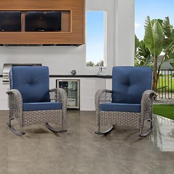 Patio Rocking Chair Set of 2 - Outdoor Rocker Chair with Safe Rocking Design, Metal Frame All Weather Wicker and Premium Fabric Cushions Mixed Brown/Blue