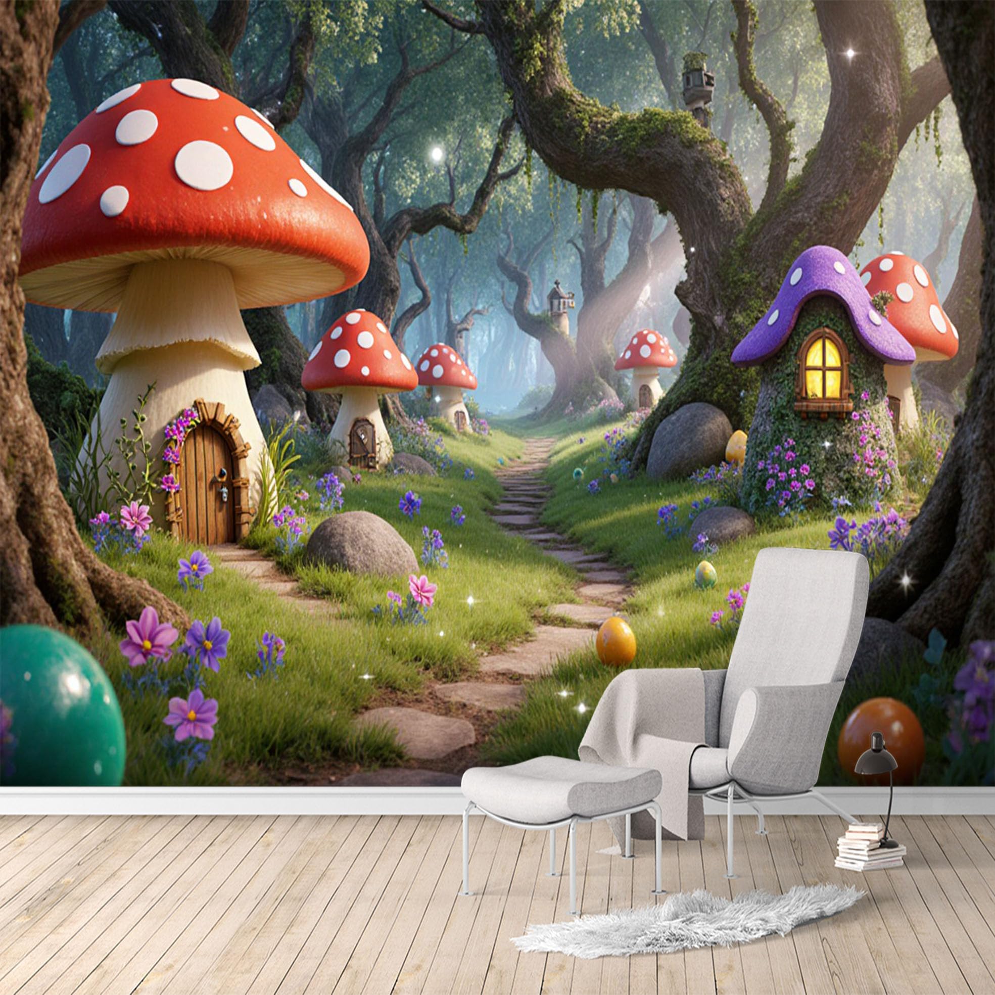 Custom Size Wall Murals, Enchanted Forest Mushroom Houses, Fairy Tale Village SelfAdhesive Water Activated Removable Wall Covering, Large Photo Wallpaper for Living Room Bedroom Office