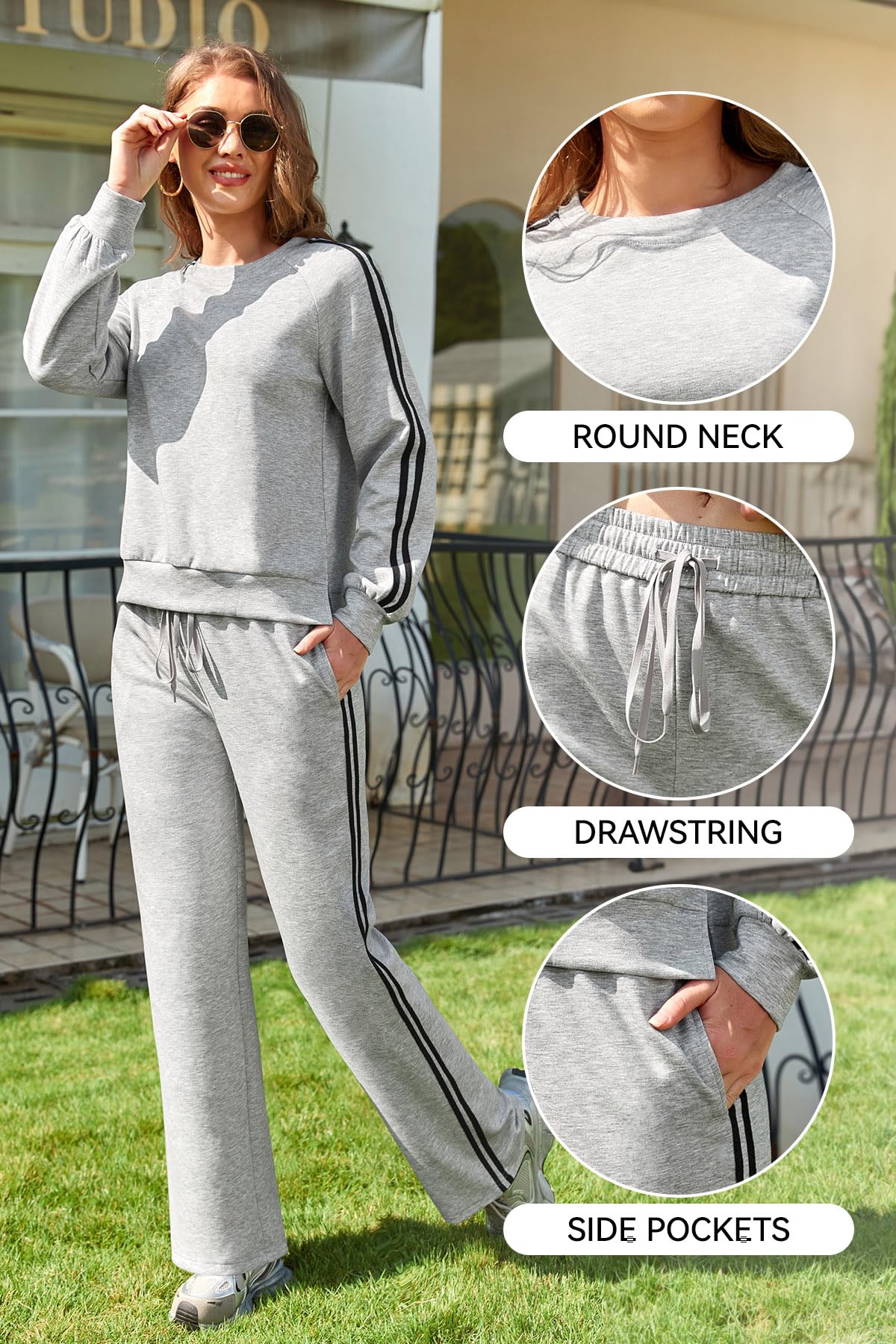 SHEKINI Tuta da donna, set completo per autunno e lounge, a righe a contrasto, casual, girocollo, pullover top, pantaloni da jogging a gamba larga, due pezzi, tuta da viaggio con tasche