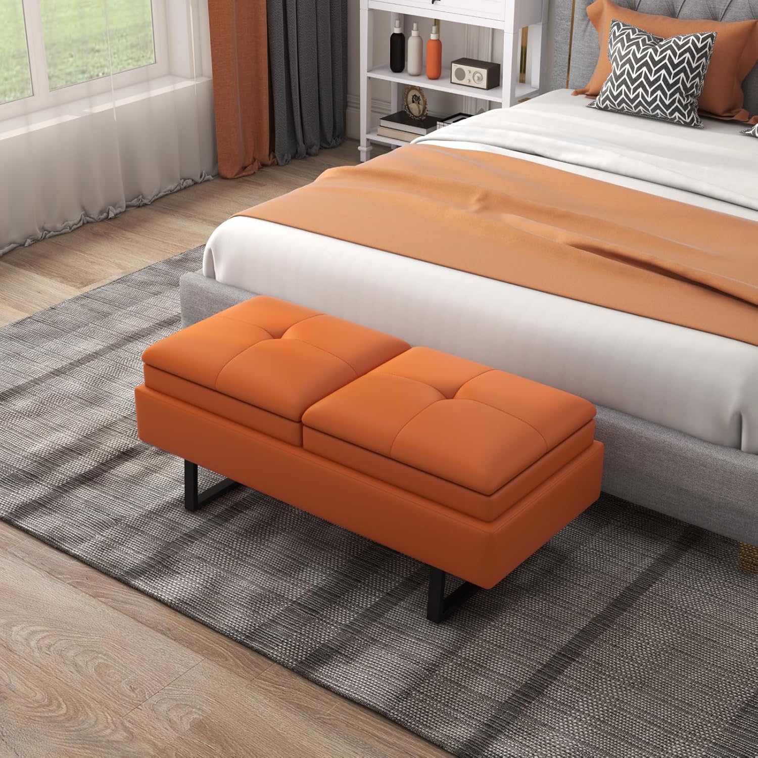 Kinsuite 2-Seat Entryway Bench with Thickened Cushion - Leather Bench Bedroom Bench with Adjustable Feet for Entryway Living Room Bedroom, Orange