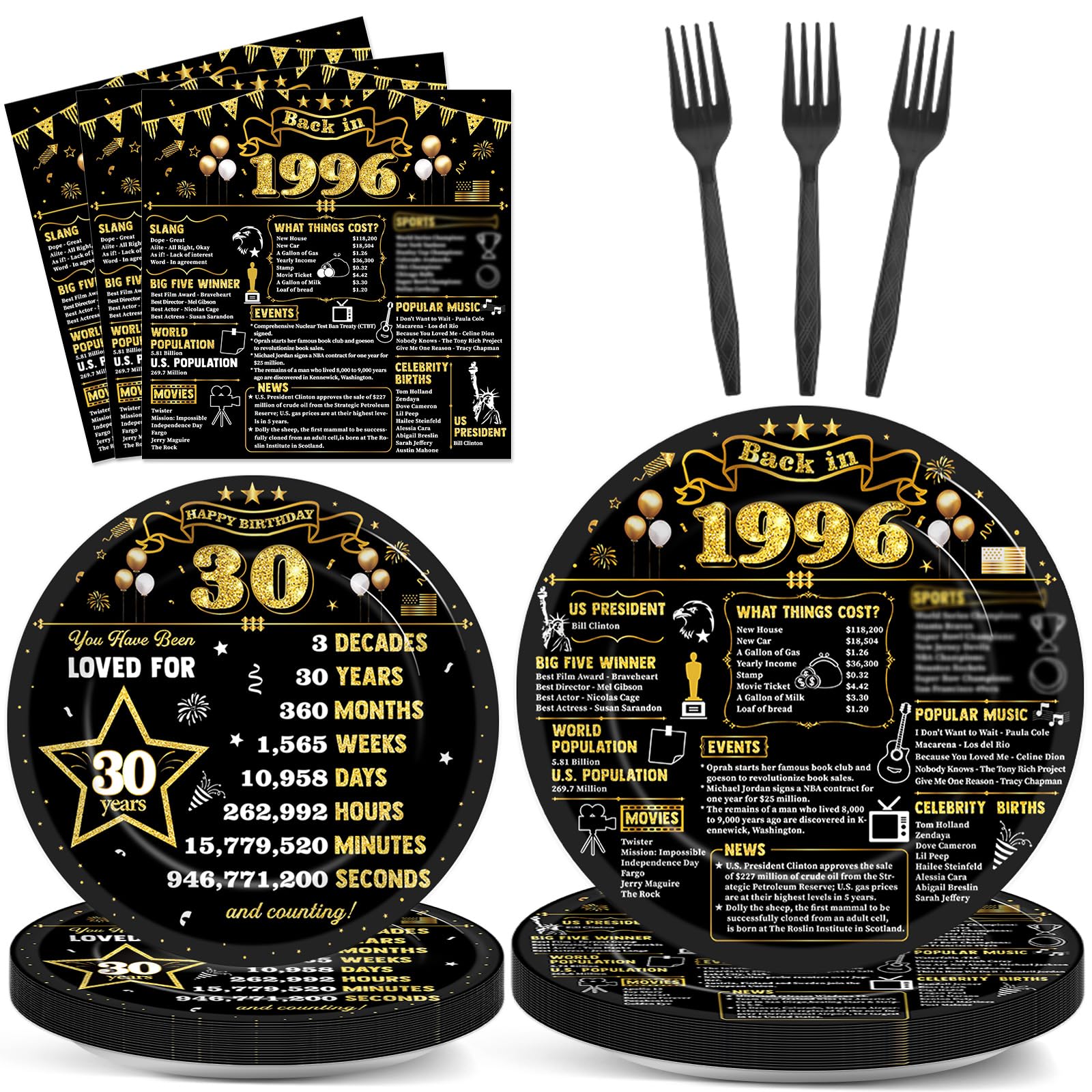 96Pcs 30th Birthday Plates and Napkins Back in 1996 Party Decorations Black Gold 30 Year Old Party Dessert Plates 1996 Birthday Tableware for 24