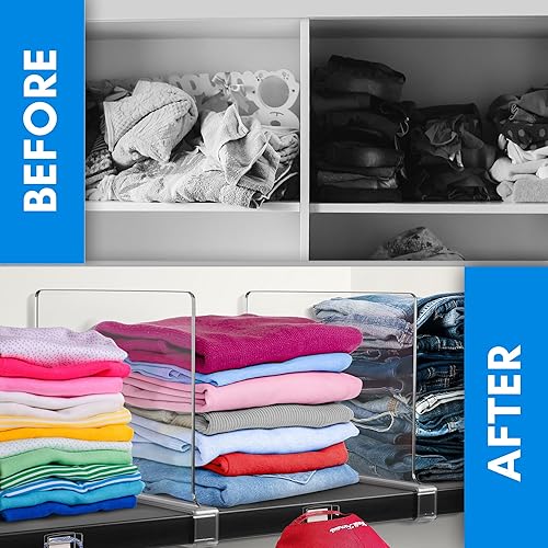 Miniatura 5 de 4 separadores de estantes de acrílico transparente para armarios, estantes verticales, organizador de estante de armario resistente con 4 ganchos y