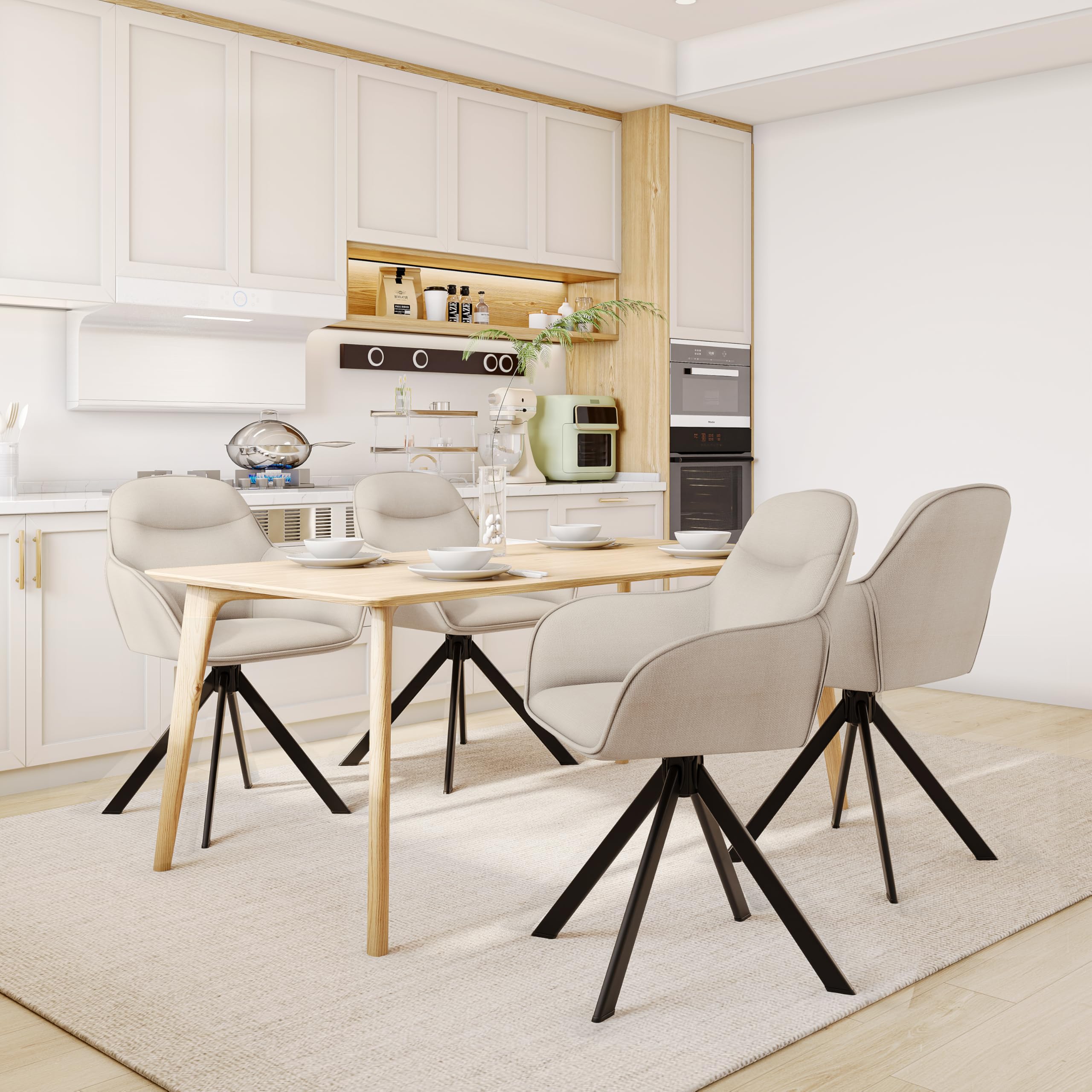Lot de 6 Chaises Pivotante 360°, Chaises Beige Salle à Manger avec Accoudoirs, Chaises Fauteuil Rembourrées en Lin avec Pieds en Métal pour Cuisine Salon