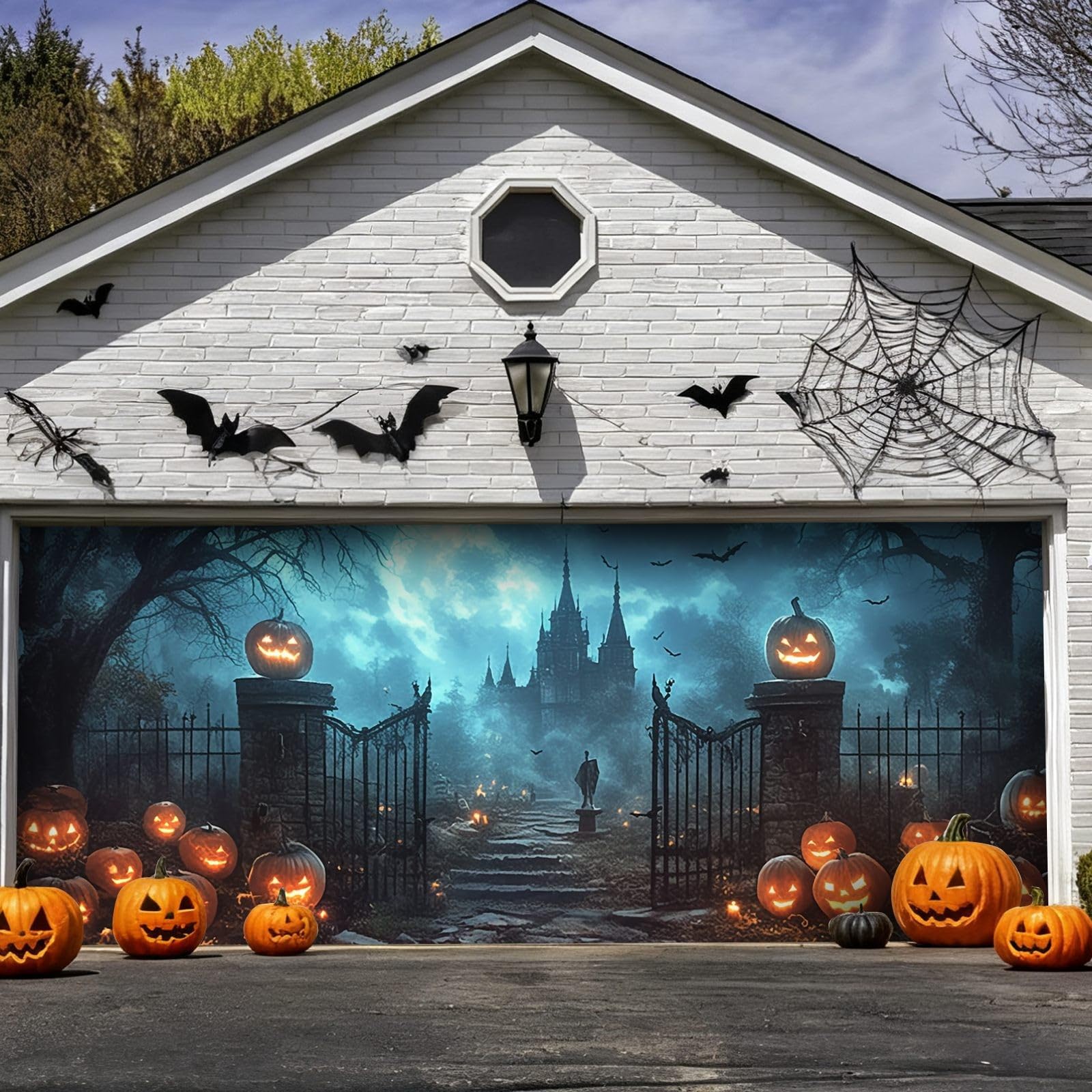 Letreros de Halloween para puerta de garaje, grande, para entrada delantera, diseño de murciélagos y calabazas, fiesta festiva