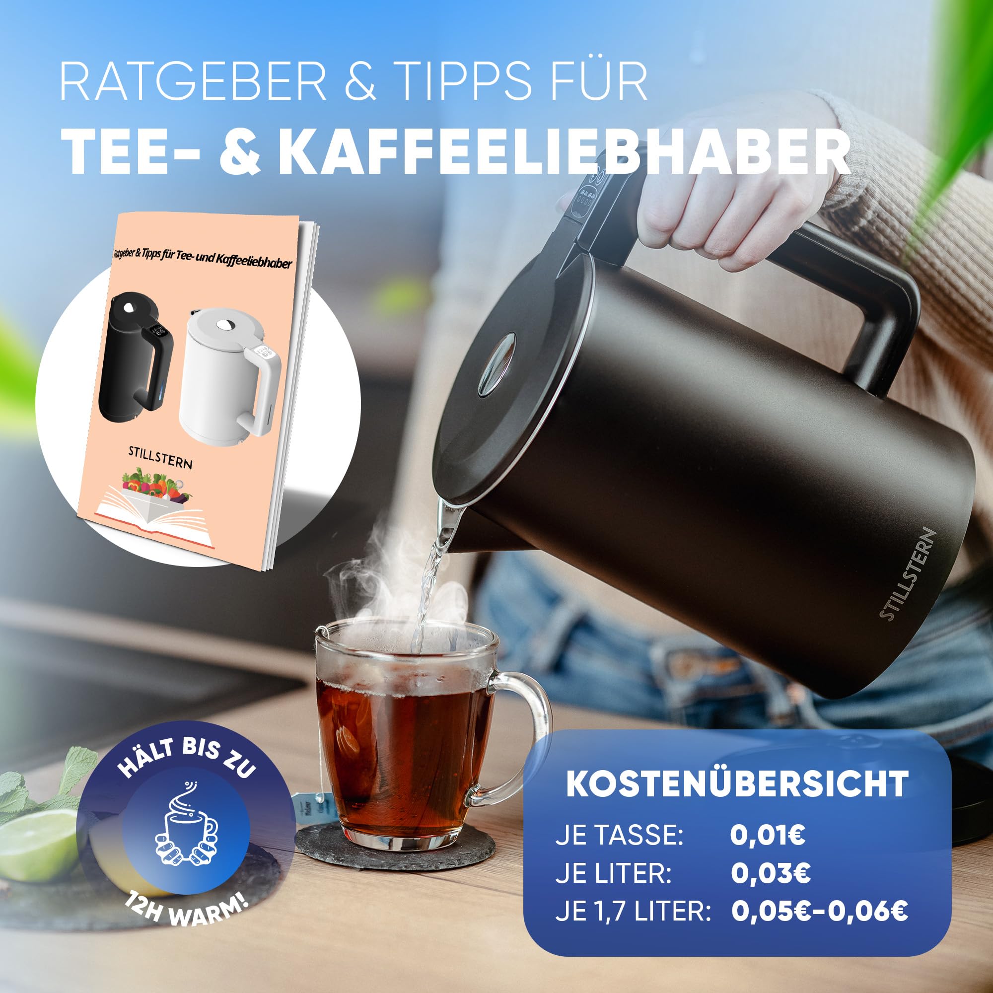 Stillstern Wasserkocher mit Temperatureinstellung [1,7L, 2200W, 40-55-70-85-100°C], 12h Warmhalten, Wasserkocher Edelstahl mit Präzisionsausguss, Schnelles Aufheizen, Teekocher Camping, Matt Finishing
