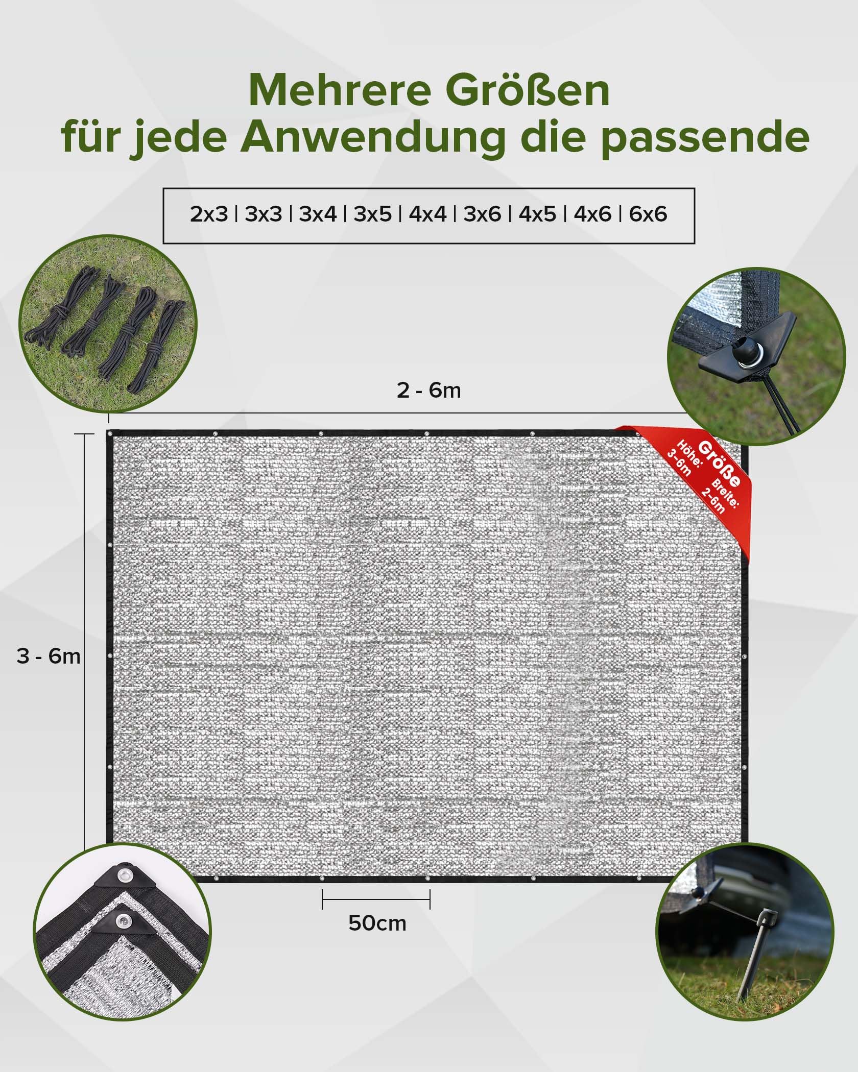 FoundGo Alu Schattennetz Auto Hund 3x4m, 85% UV-Schutz, Aluminium-HDPE Hitzeschutz mit Ösen, Luftdurchlässig & Reflektierend für Camping Sonnenschutz, Wohnmobil & Garten mit Zubehör
