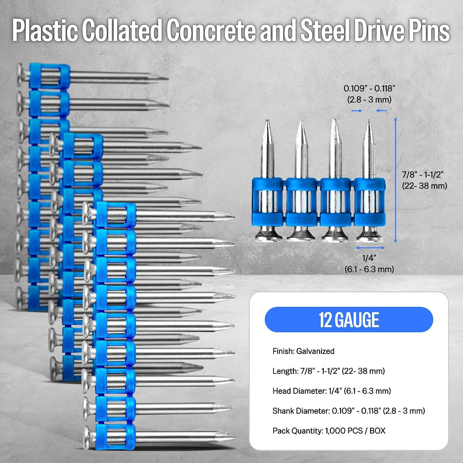 Meite 12 Gauge Plastic Collated Concrete Nails Drive Pins, 7/8" Length .109" Smooth Shank, Mechanical Galvanized Gas Pipe Fastening Nails for Drywall Track Steel-to-Concrete Framing (2 Boxes)