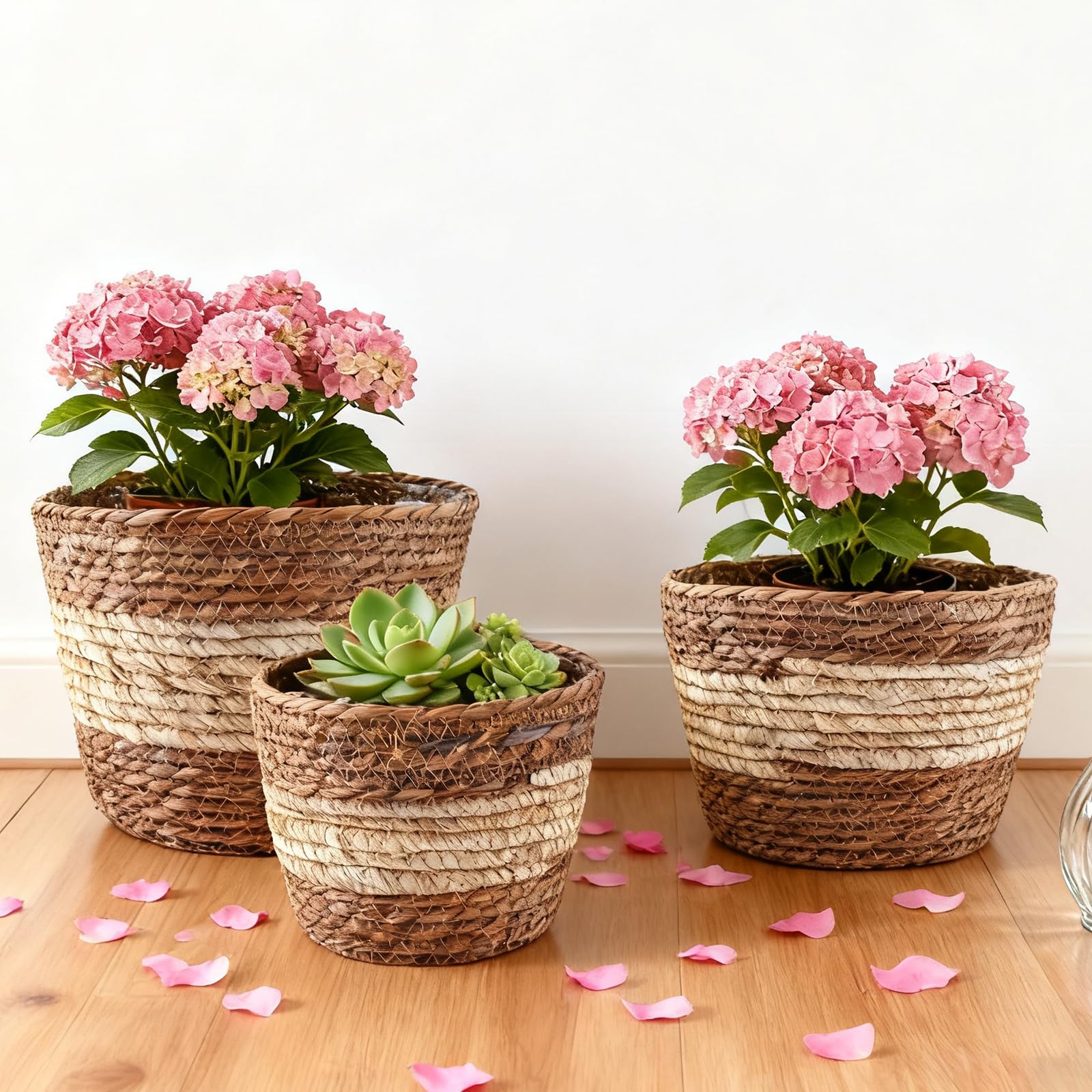 3 Pièces Panier Tressé Plante, Cache Pot Osier avec Doublure PE, Paniers Ronds 19/23/25 Cm Style Naturel pour Fleurs, Salon, Balcon Et Terrasse