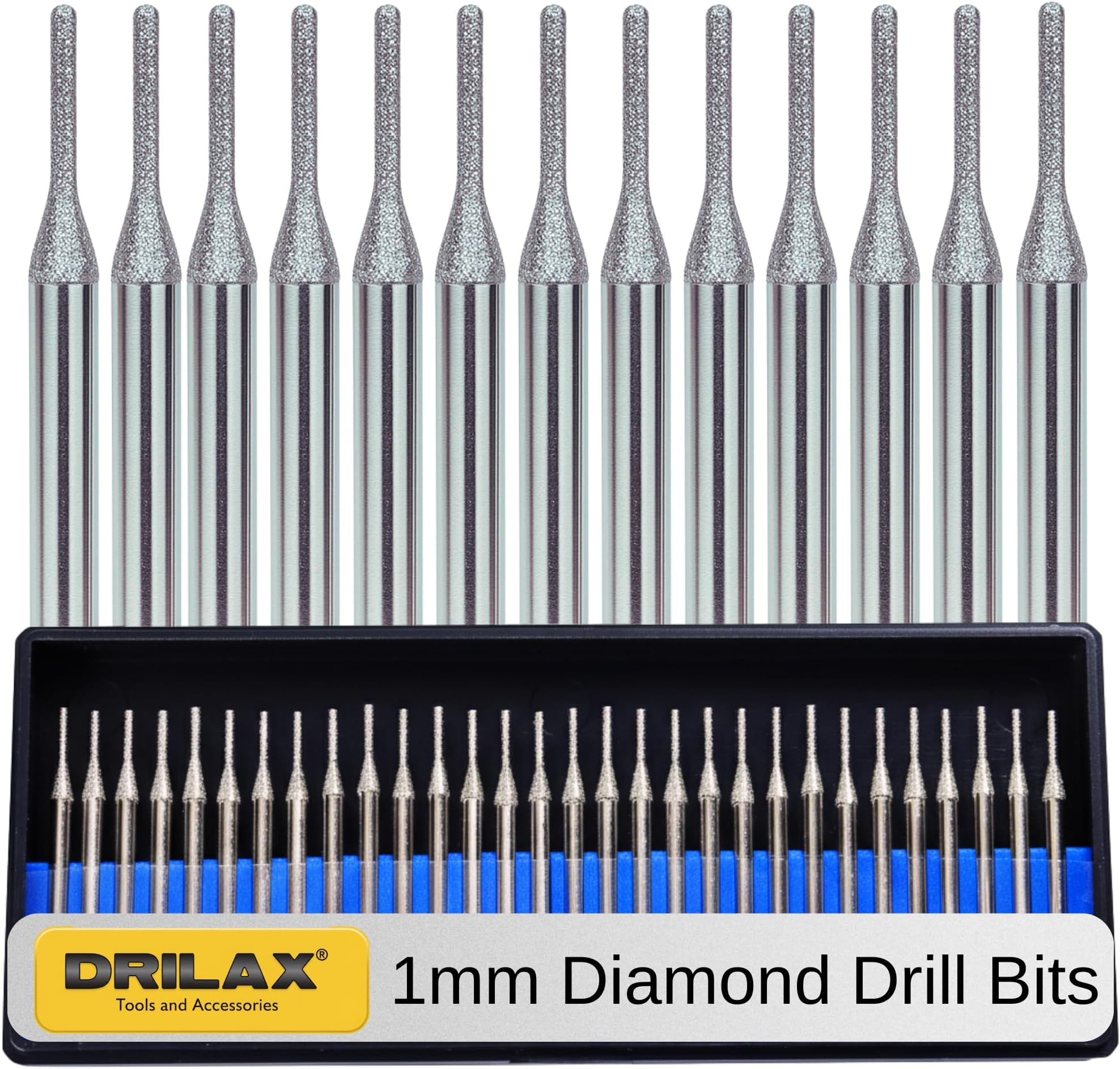 1mm Diamond Drill Bit Set 30 pcs Compatible with Dremel Cylindrical Burr Kit Jewelry Beach Sea Glass Shells Gemstones Lapidary 30pcs. Case Included