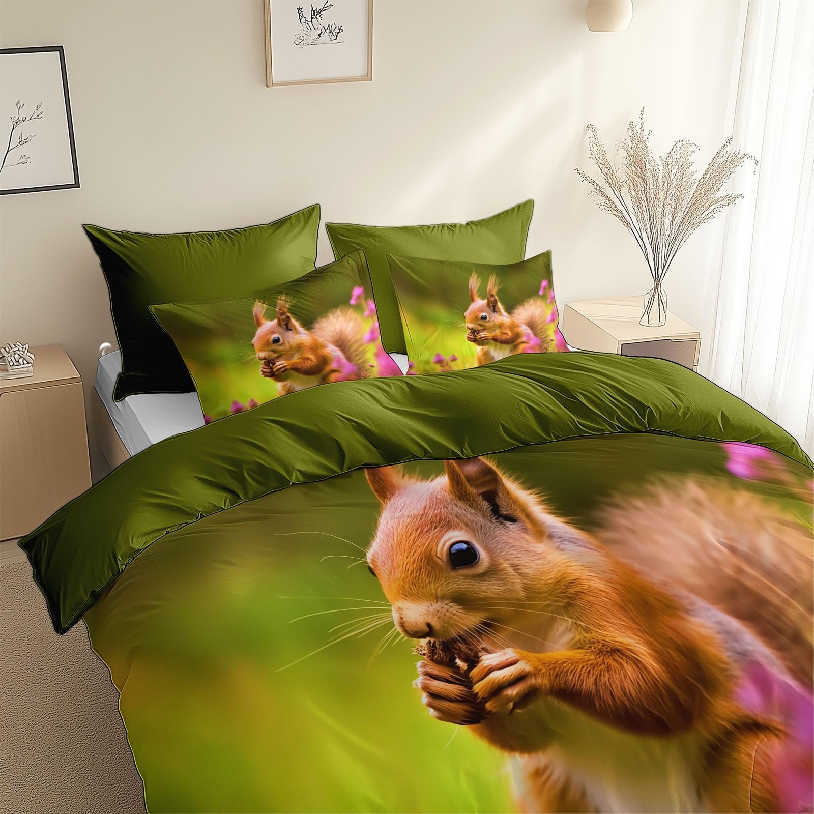 Générique Poszwa na kołdrę Wiewiórka fotografia zwierzęca 160 x 200 cm z 2 poszewkami na poduszki 65 x 65 cm, komplet pościeli oliwkowa zieleń mikrofibra pościel dla 2 osób
