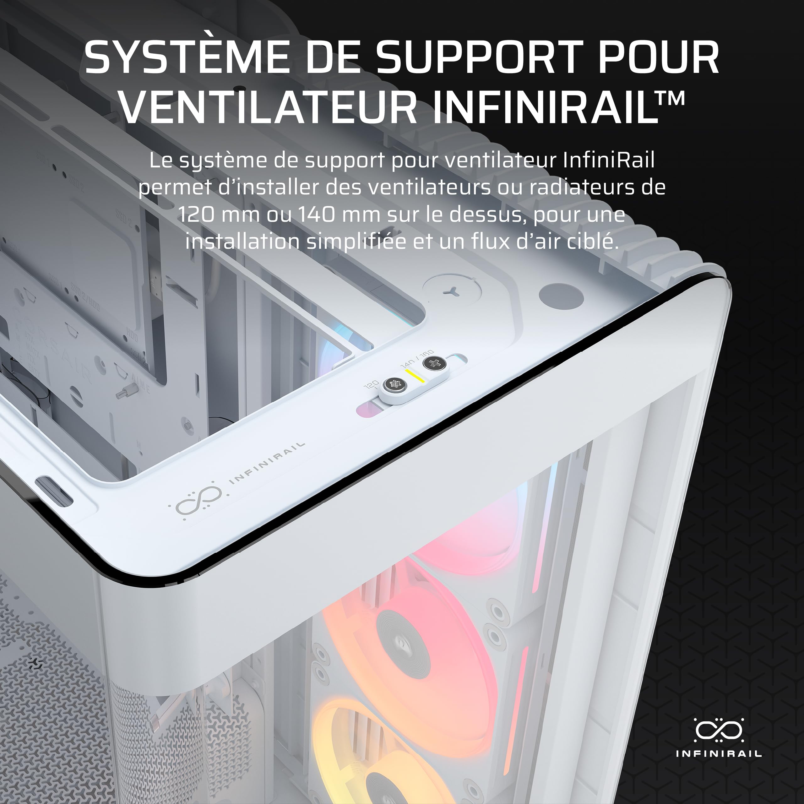CORSAIR Frame 4500X LX-R RGB Link Boîtier PC Moyen-Tour en Verre Panoramique – Système de Fixation du Ventilateur InfiniRail, Peut Accueillir Deux Radiateurs de 360 mm, 3X LX120-R RGB Link – Blanc