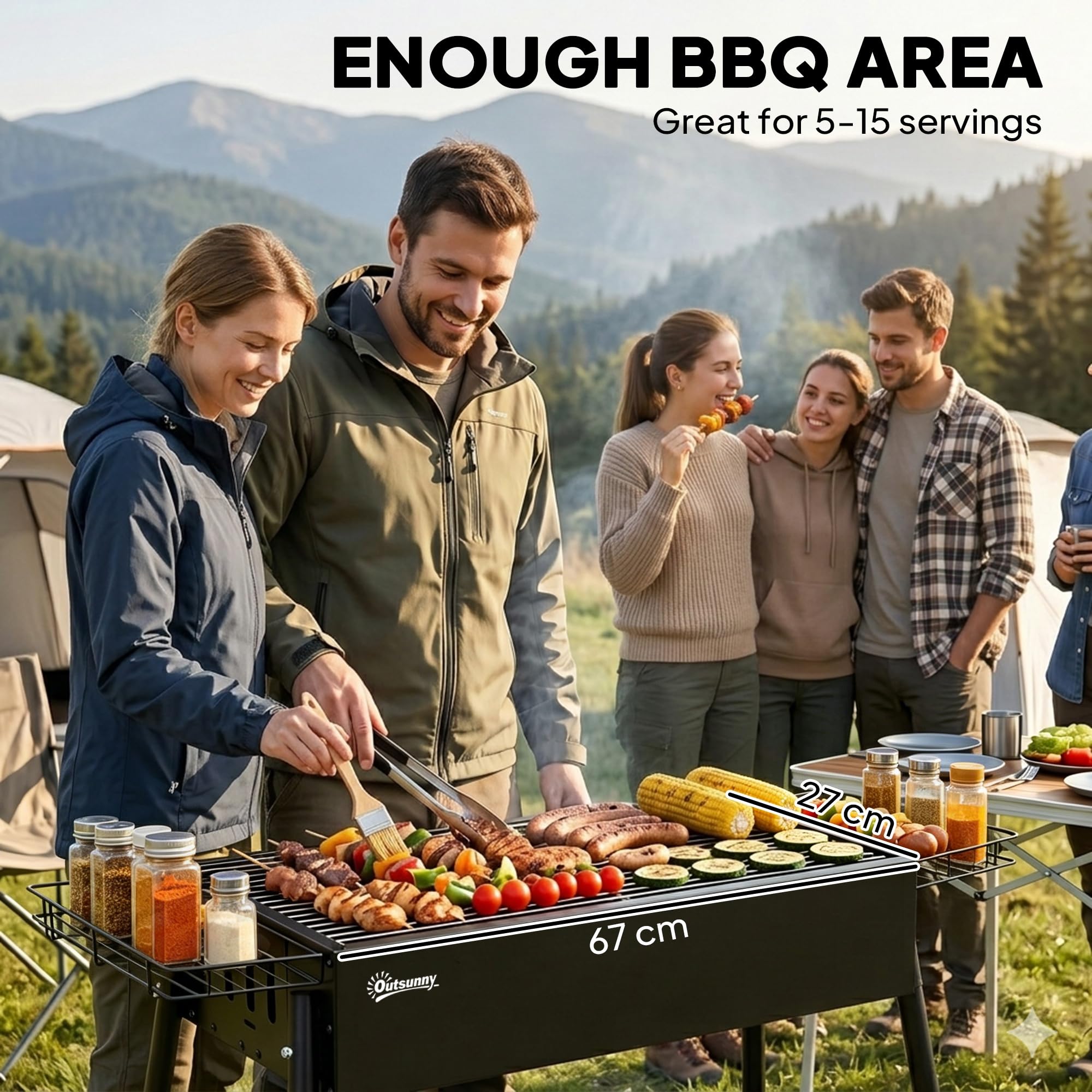 Outsunny tragbarer Holzkohlegrill mit Gewürzkörben und Haken, kompakter Edelstahlkocher für Camping, Picknick, Wandern, Gartenparty, Festival | Gewürzkörbe, kompakter Edelstahlkocher, Camping, Picknick, Wandern, Gartenparty, Festival