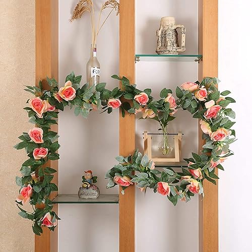 Miniatura 6 de Guirnalda de vid de rosas falsas de 16 pies, plantas artificiales para colgar, hiedra rosa, hogar, hotel, oficina, boda, fiesta, decoración de