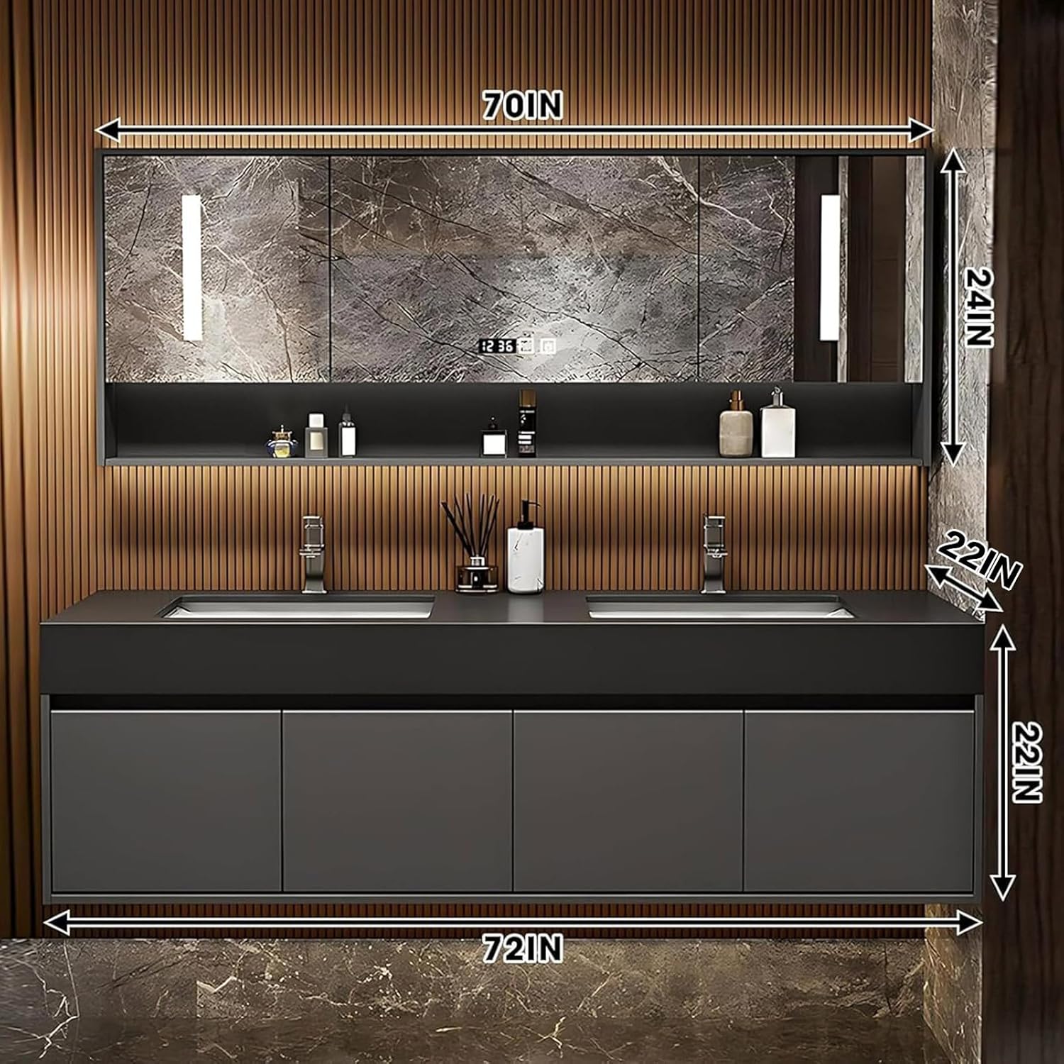 Double Bathroom Vanity with Sink - Solid Wood Double Basin Floating Bathroom Vanities Set, Thick Slate Top and Glazed Ceramic Basin, Wall Mounted Bathroom Cabinet with LED Smart Mirror (72IN)