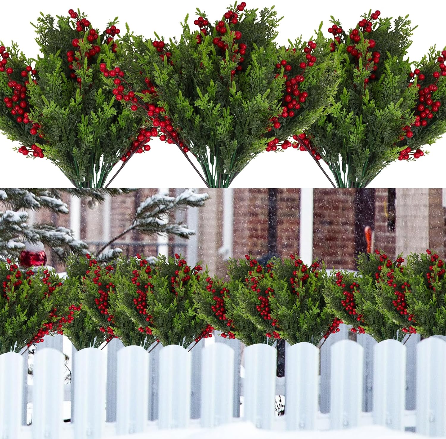24 Pieces Large Christmas Artificial Plants Outdoor Fake Pine Branch Red Berry Branches for Yard Garden Porch Decoration