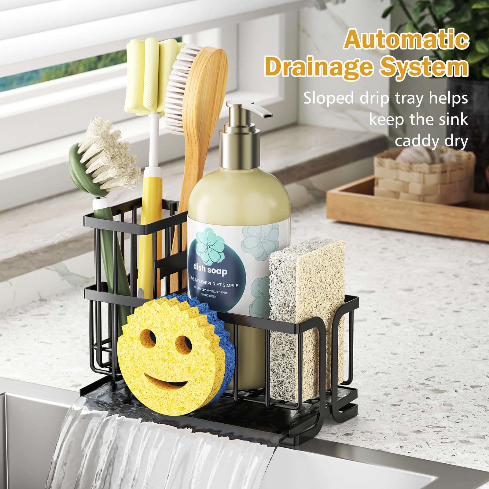 Epicano Sink Caddy Sponge Holder Smiley Face Sponge Rack with High Brush HolderRustproof Kitchen Countertop OrganizerKitchen Gadgets Sink Accessories Black product thumbnail 6