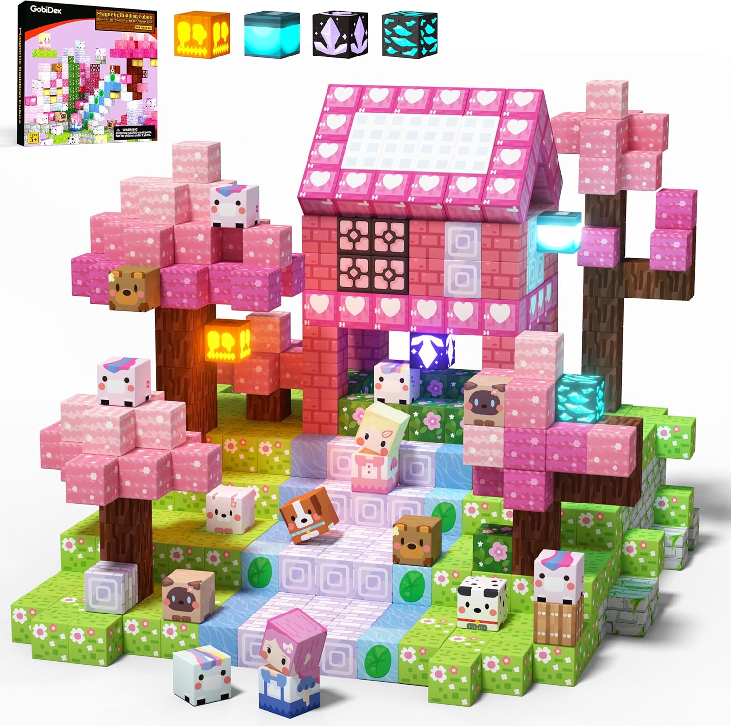 GobiDex 100PCS Magnetic Blocks Kid Building Toys for 3+ Years Old Girls, Upgraded STEM Sensory Gifts for Princess, Kids Magnets Game for Toddler with LED Lights