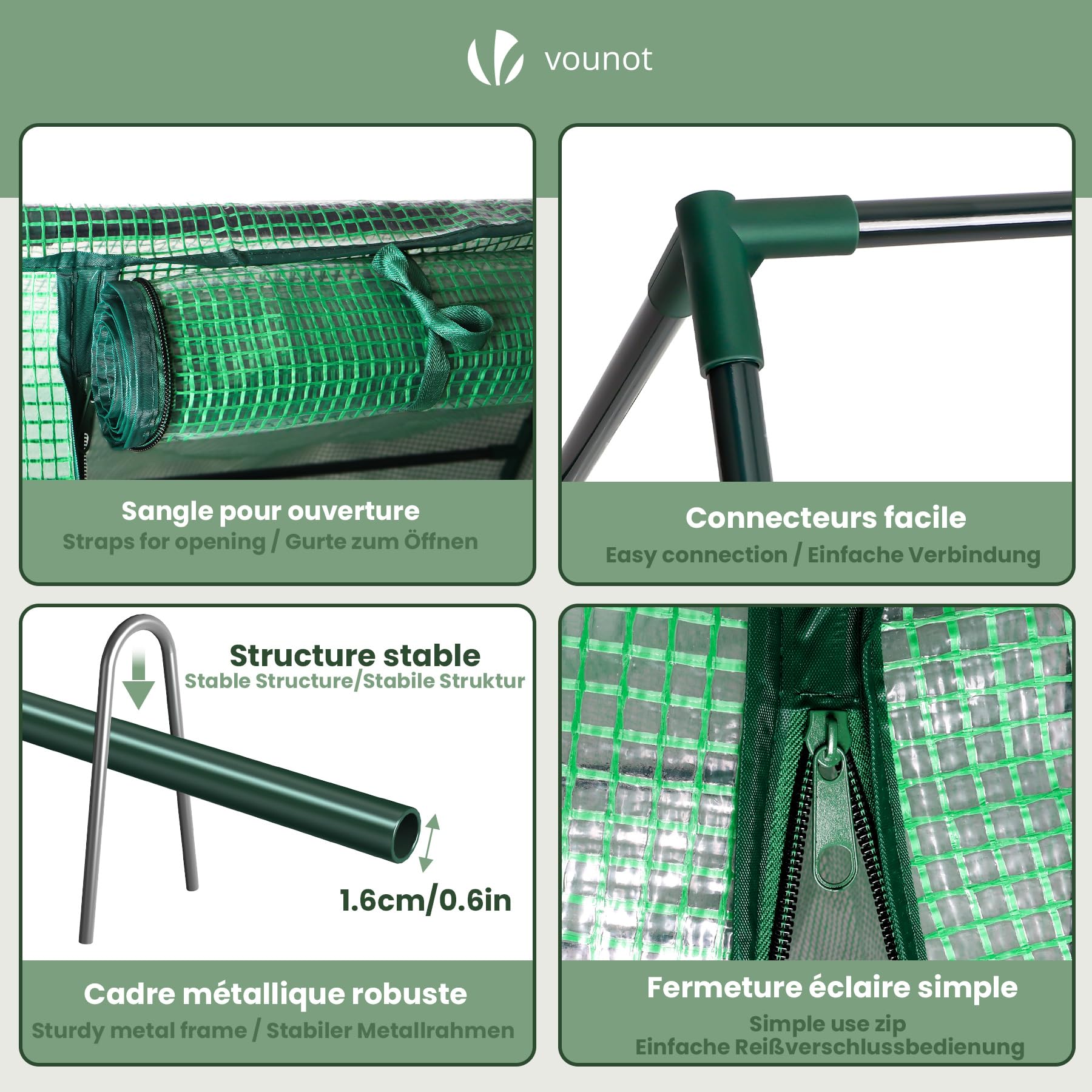 VOUNOT Invernadero de Jardín Mini 270x90x90 cm, con Techo en Punta y 3 Ventanas Enrollables con Cremallera, Cubierta PE Reforzada de 135g/m², para Semilleros, Plantas, Flores y Verduras, Verde