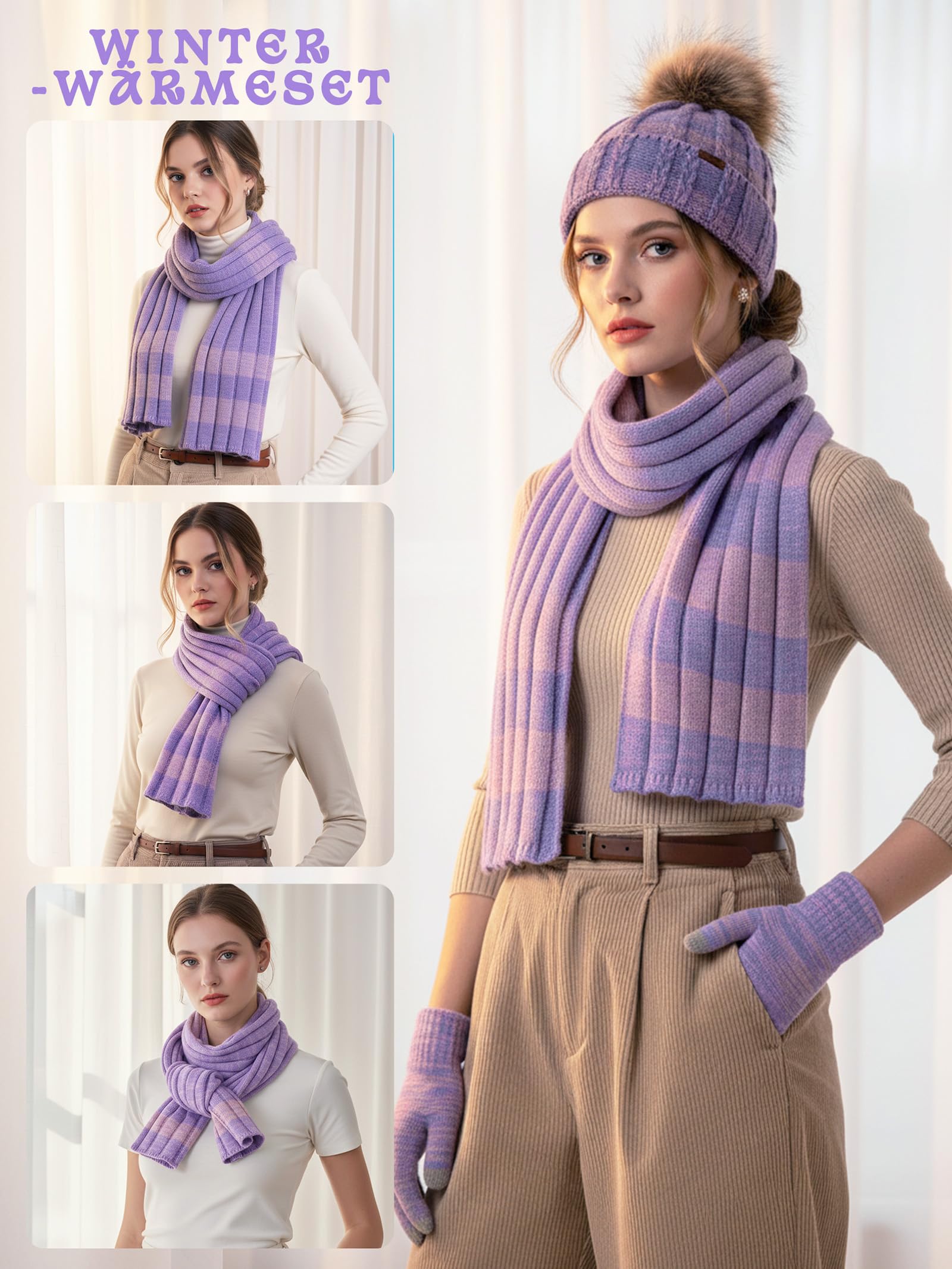 NATUST Mütze Schal Handschuhe Set Damen Winter Dickes Strickset