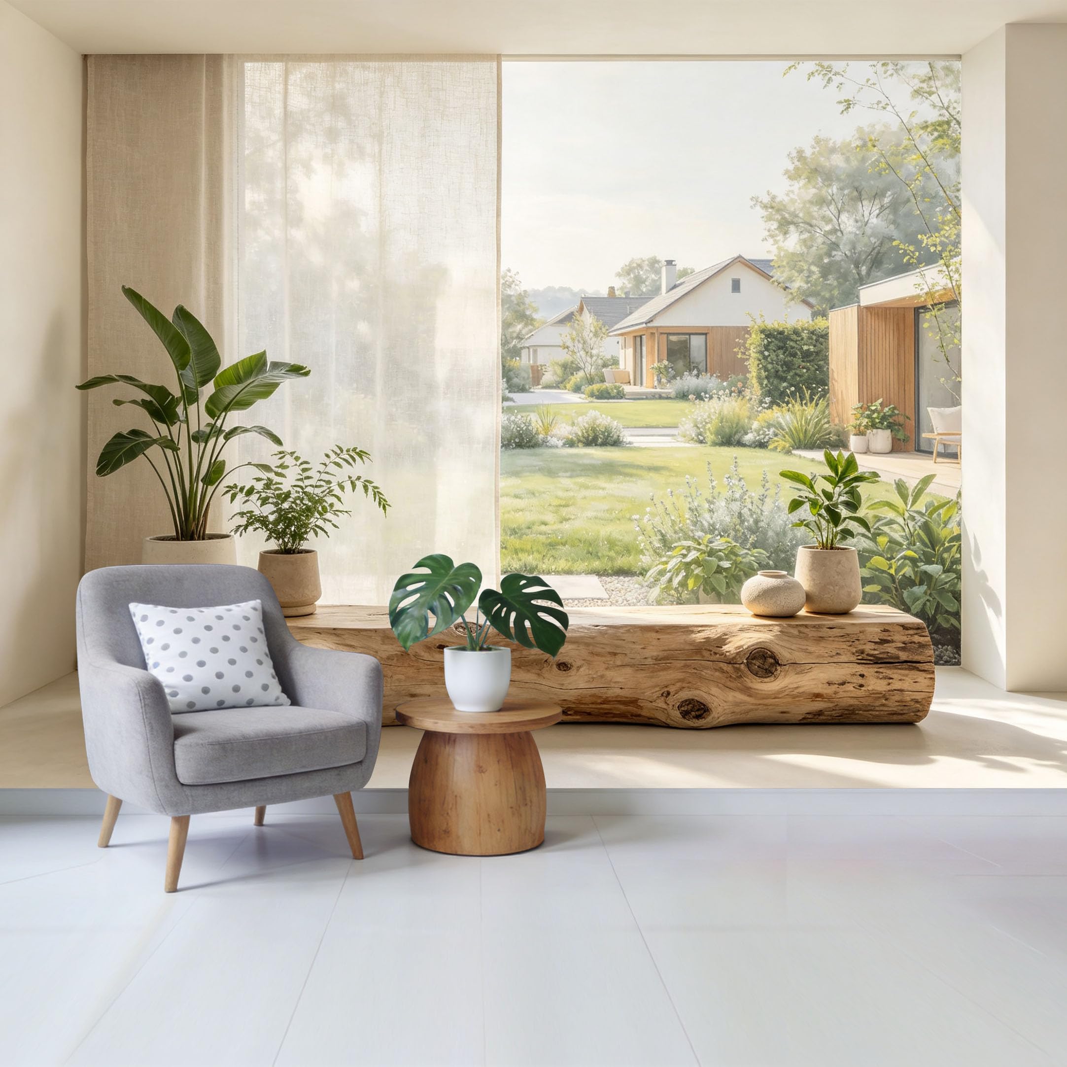 Qzlithotic Yq2605250568 Custom Size Wall Mural Modern Minimalist Rural Landscape View Potted Plants Natural Log Bench Selfadhesive Wall Fabric Removable Wallpaper For Home Office Decor